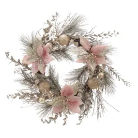 20" Champagne and Gold Wreath with Pink Poinsettias and Ornaments