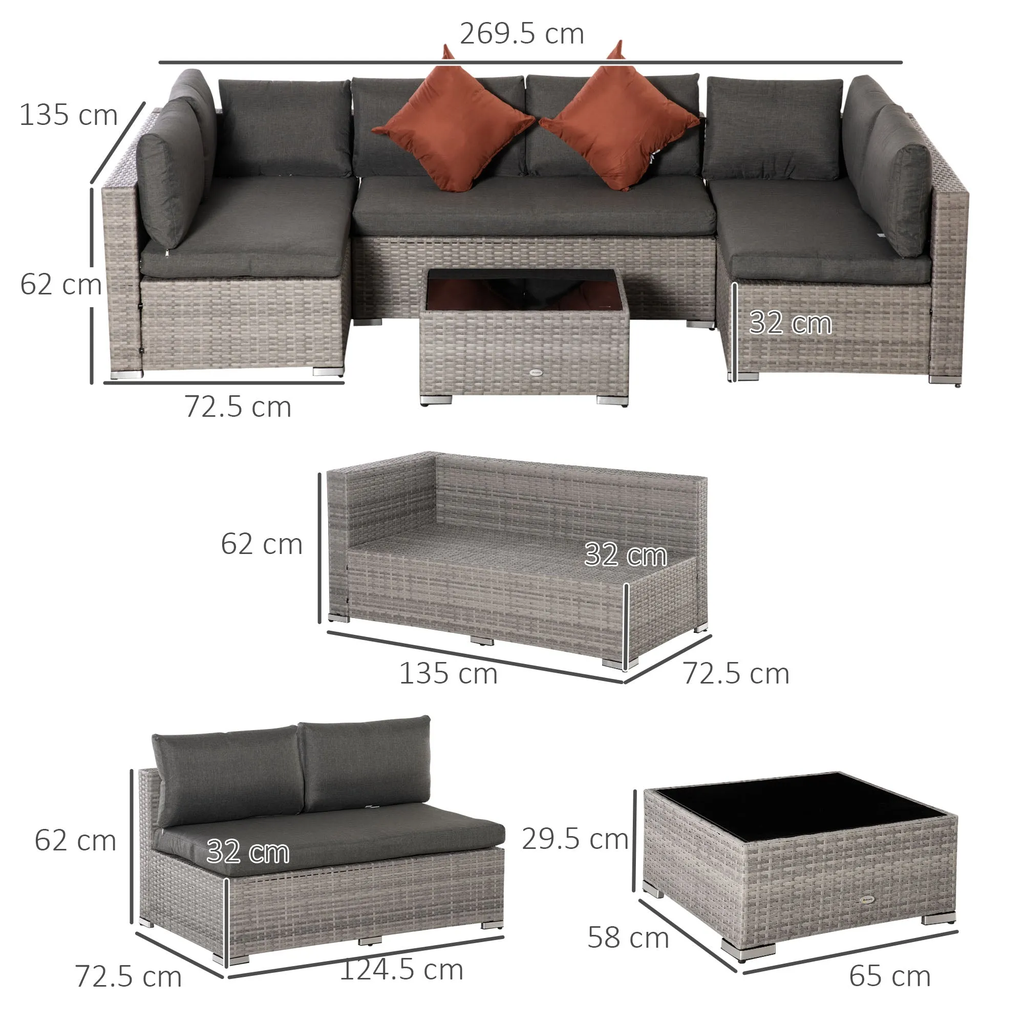 6-Seater Garden Rattan Furniture PE Rattan Sofa Set, Outdoor All Weather Conservatory Furniture, w/ Tempered Glass Coffee Table, Deep Grey
