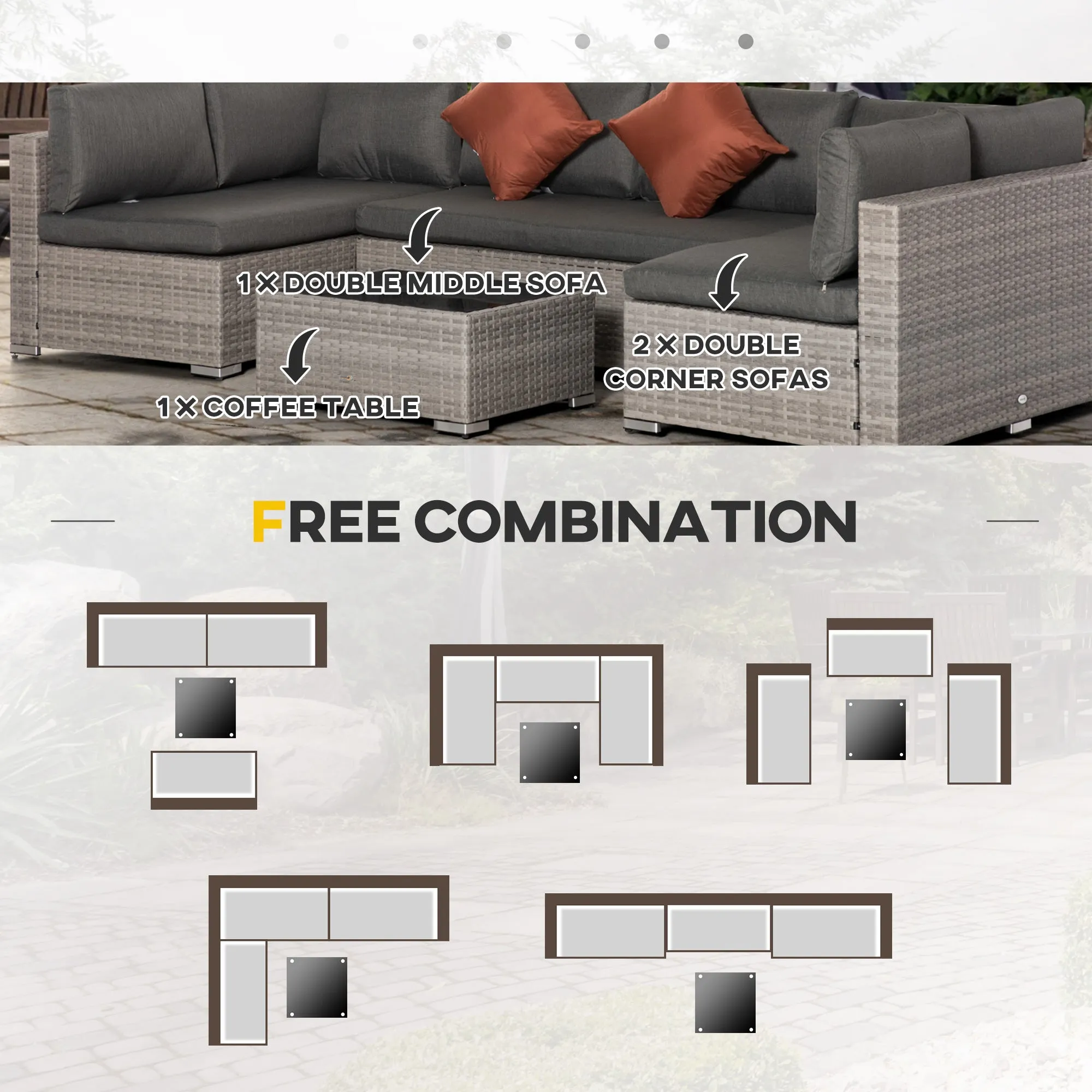 6-Seater Garden Rattan Furniture PE Rattan Sofa Set, Outdoor All Weather Conservatory Furniture, w/ Tempered Glass Coffee Table, Deep Grey