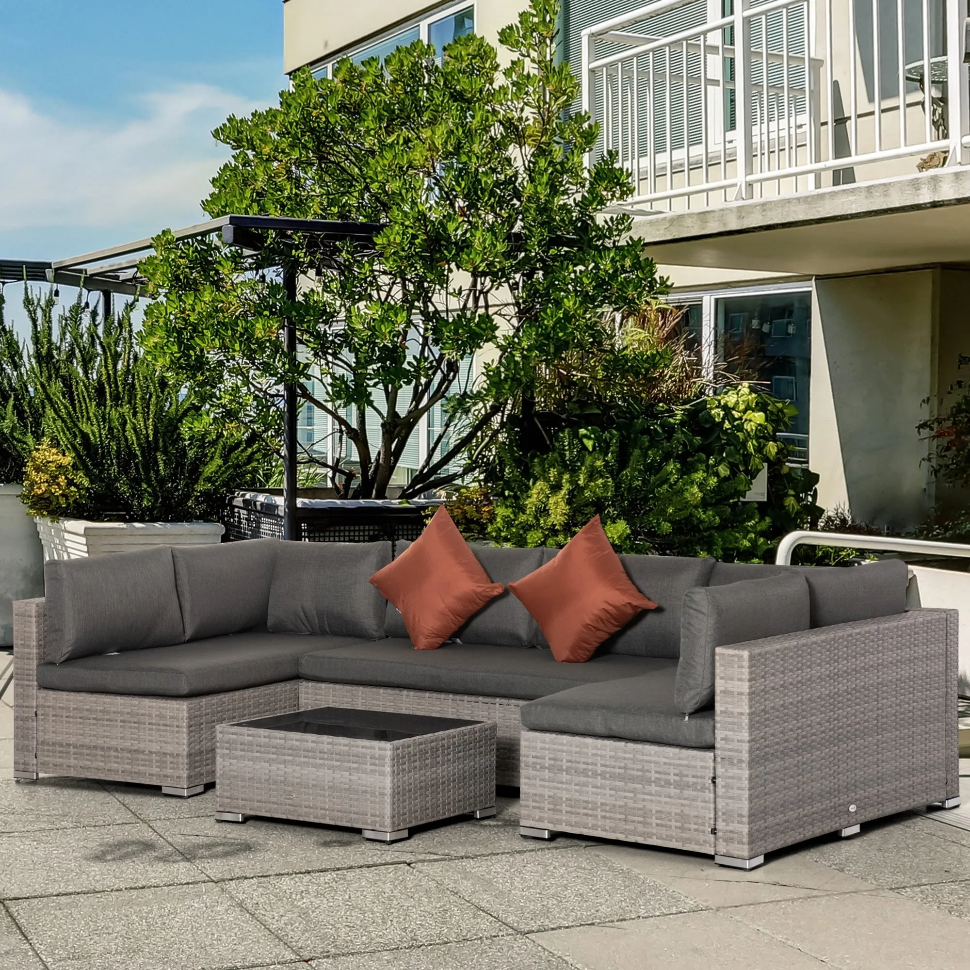6-Seater Garden Rattan Furniture PE Rattan Sofa Set, Outdoor All Weather Conservatory Furniture, w/ Tempered Glass Coffee Table, Deep Grey