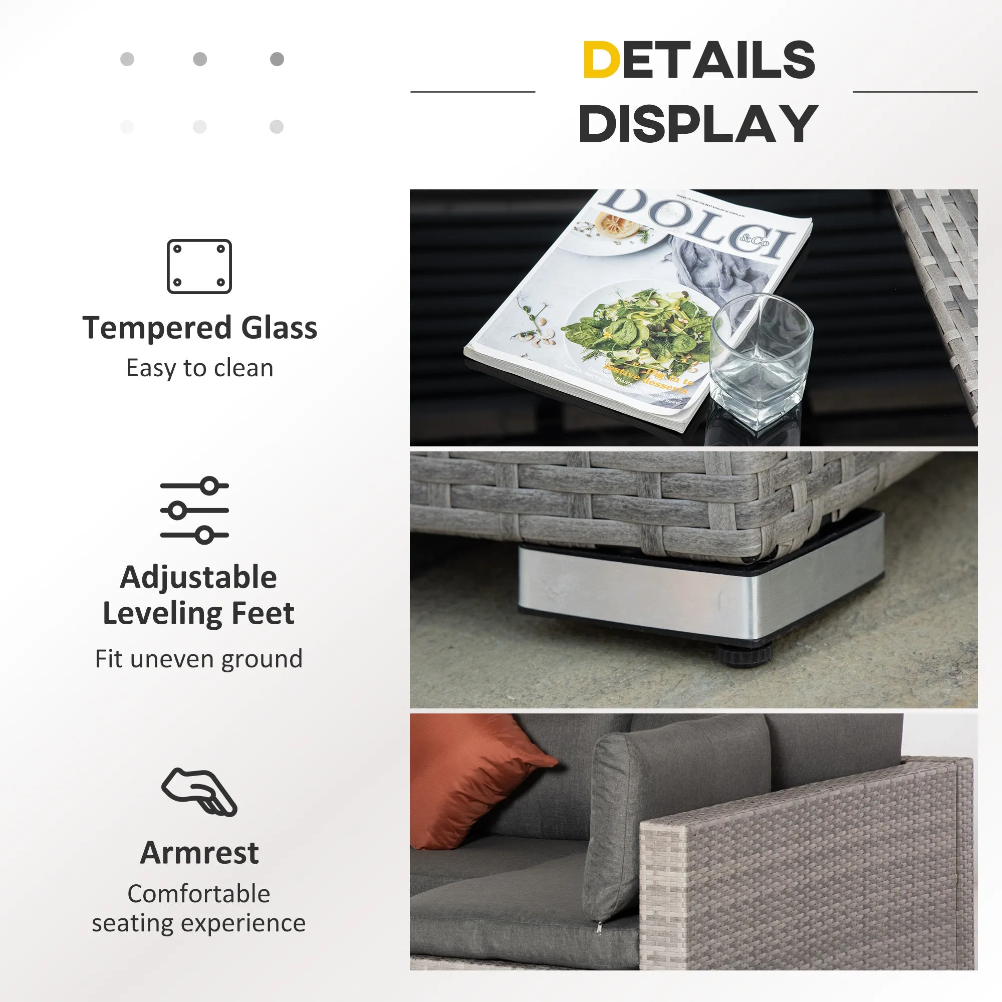 6-Seater Garden Rattan Furniture PE Rattan Sofa Set, Outdoor All Weather Conservatory Furniture, w/ Tempered Glass Coffee Table, Deep Grey