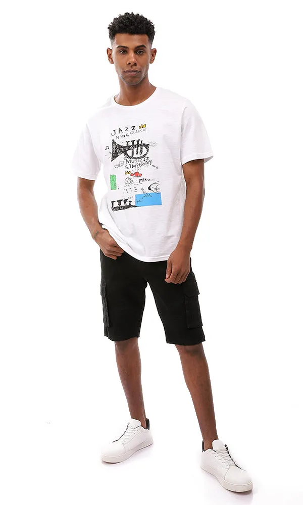 95092 Front Random Print Regular Fit White Tee