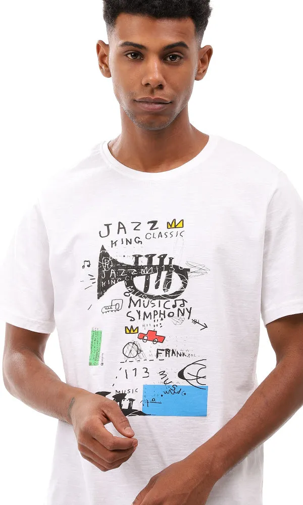 95092 Front Random Print Regular Fit White Tee