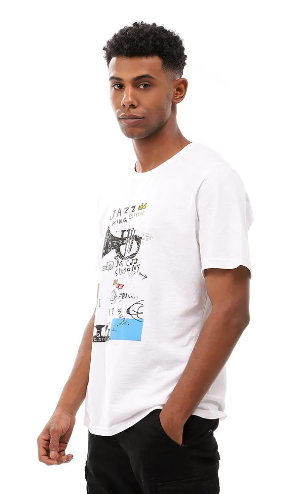 95092 Front Random Print Regular Fit White Tee