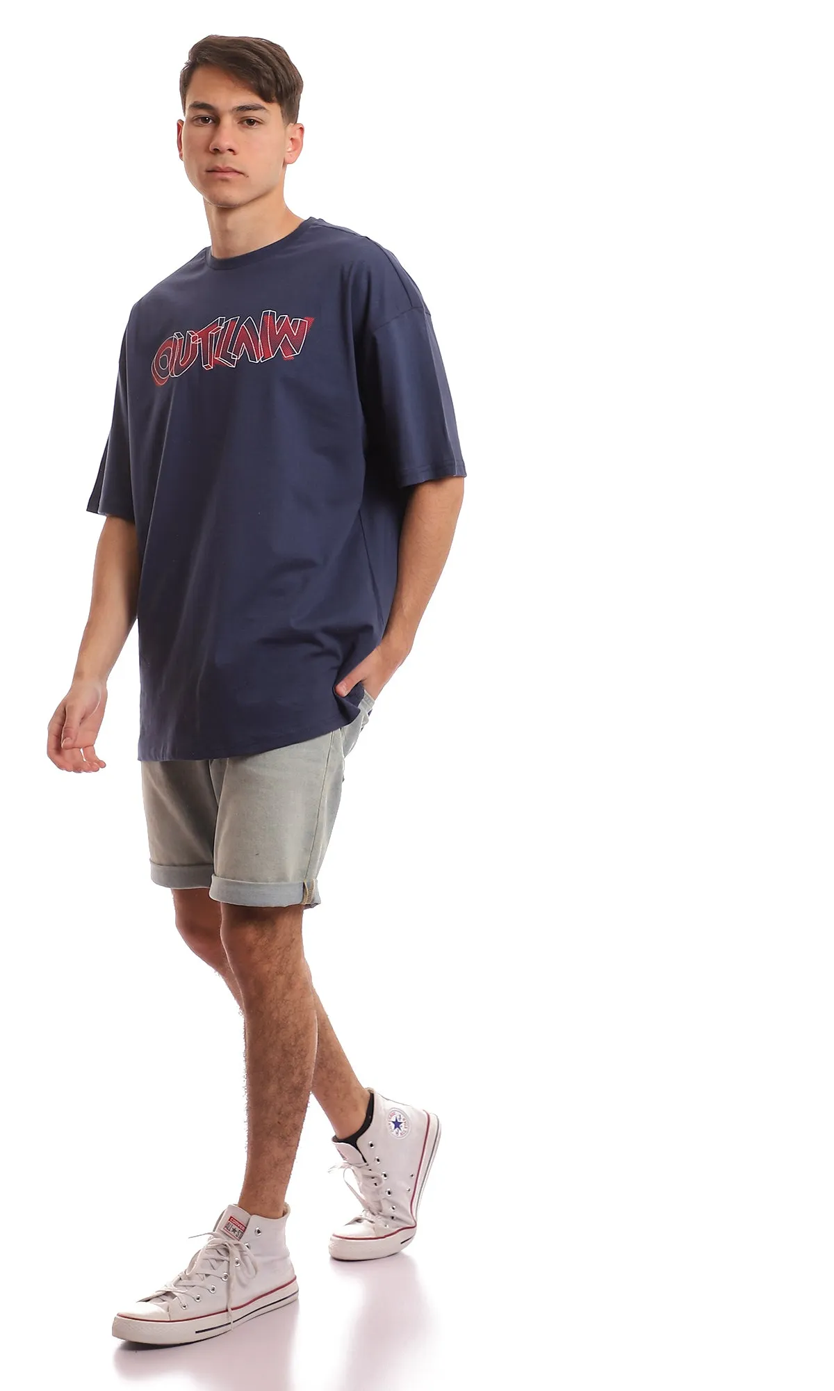 97386 Navy Blue Front Print Cotton Summer Tee