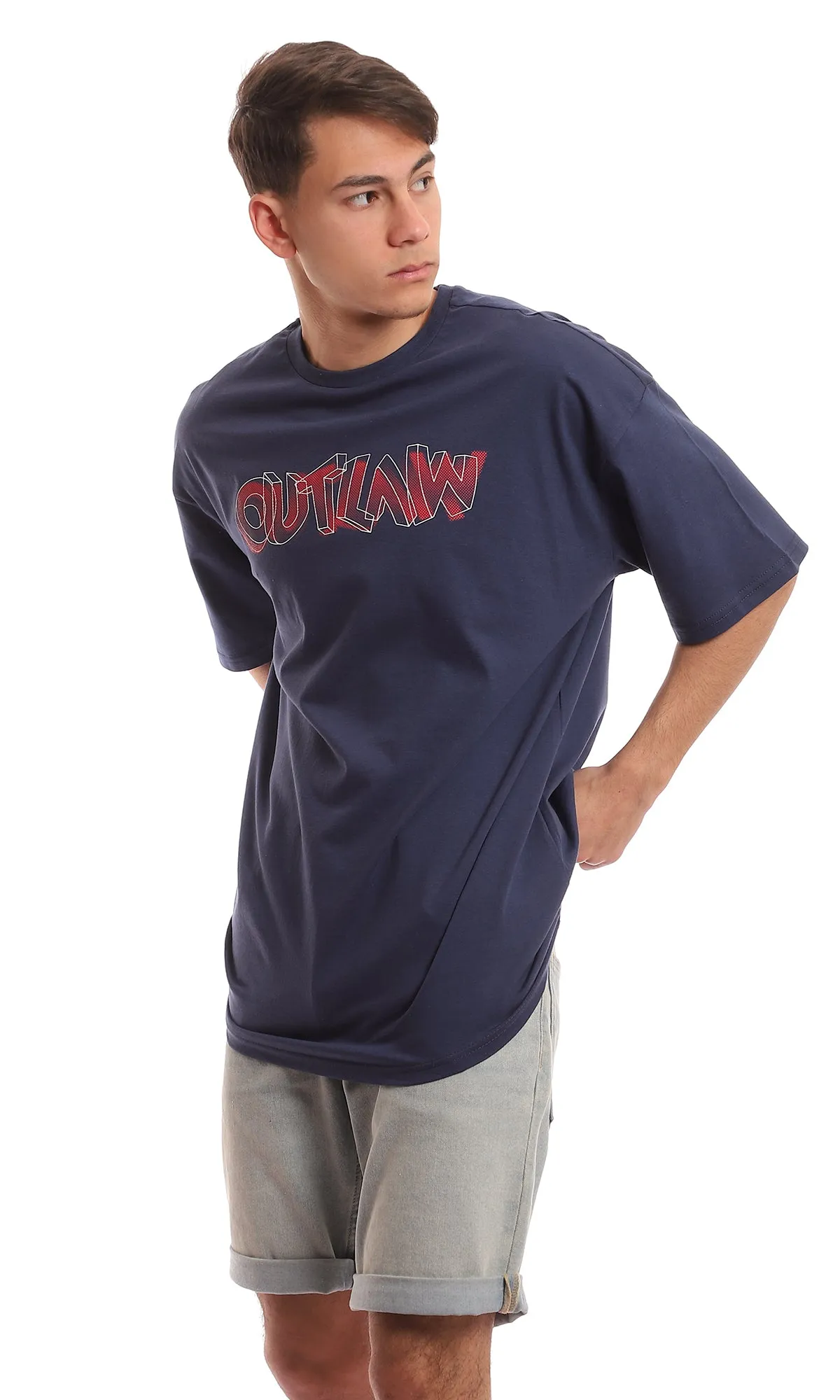 97386 Navy Blue Front Print Cotton Summer Tee