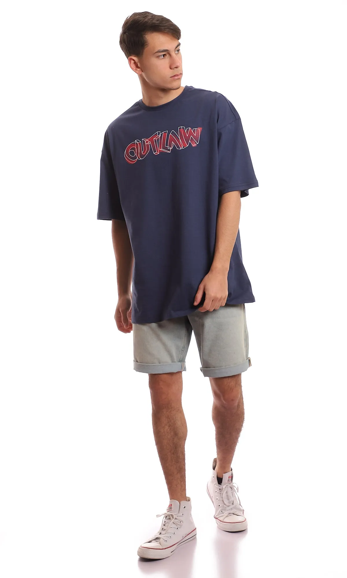 97386 Navy Blue Front Print Cotton Summer Tee