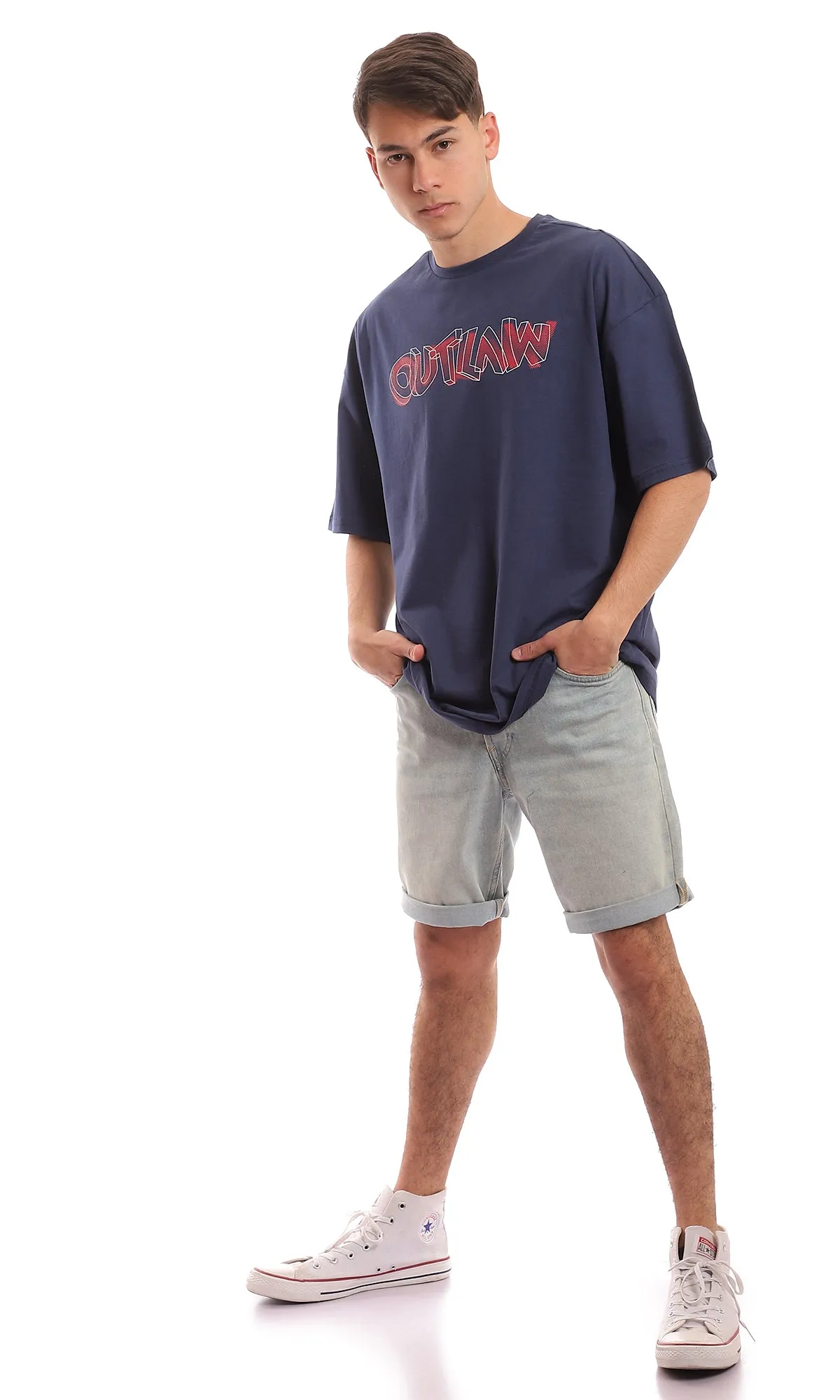 97386 Navy Blue Front Print Cotton Summer Tee