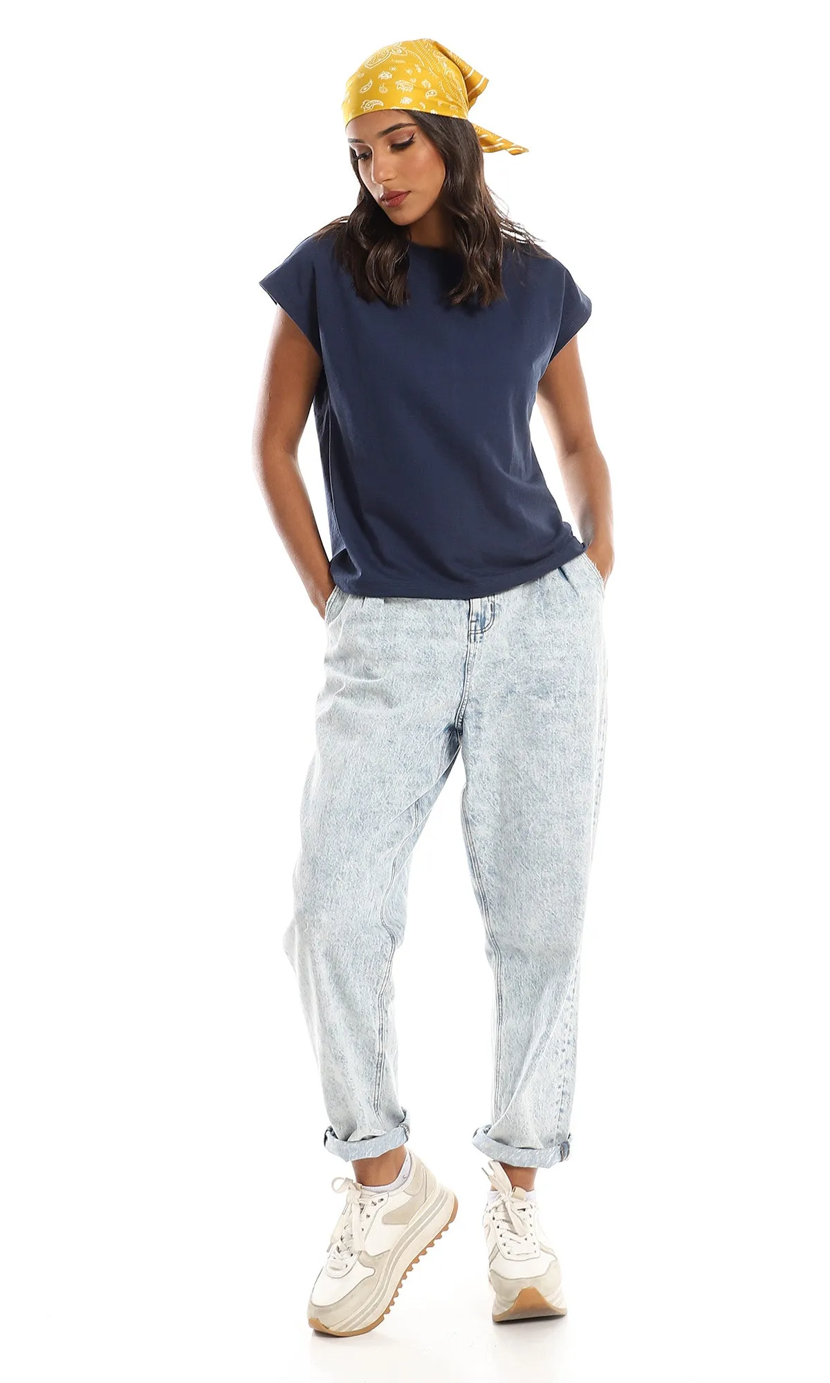 98864 Solid Cap Sleeves Loose Fit Tee - Navy Blue