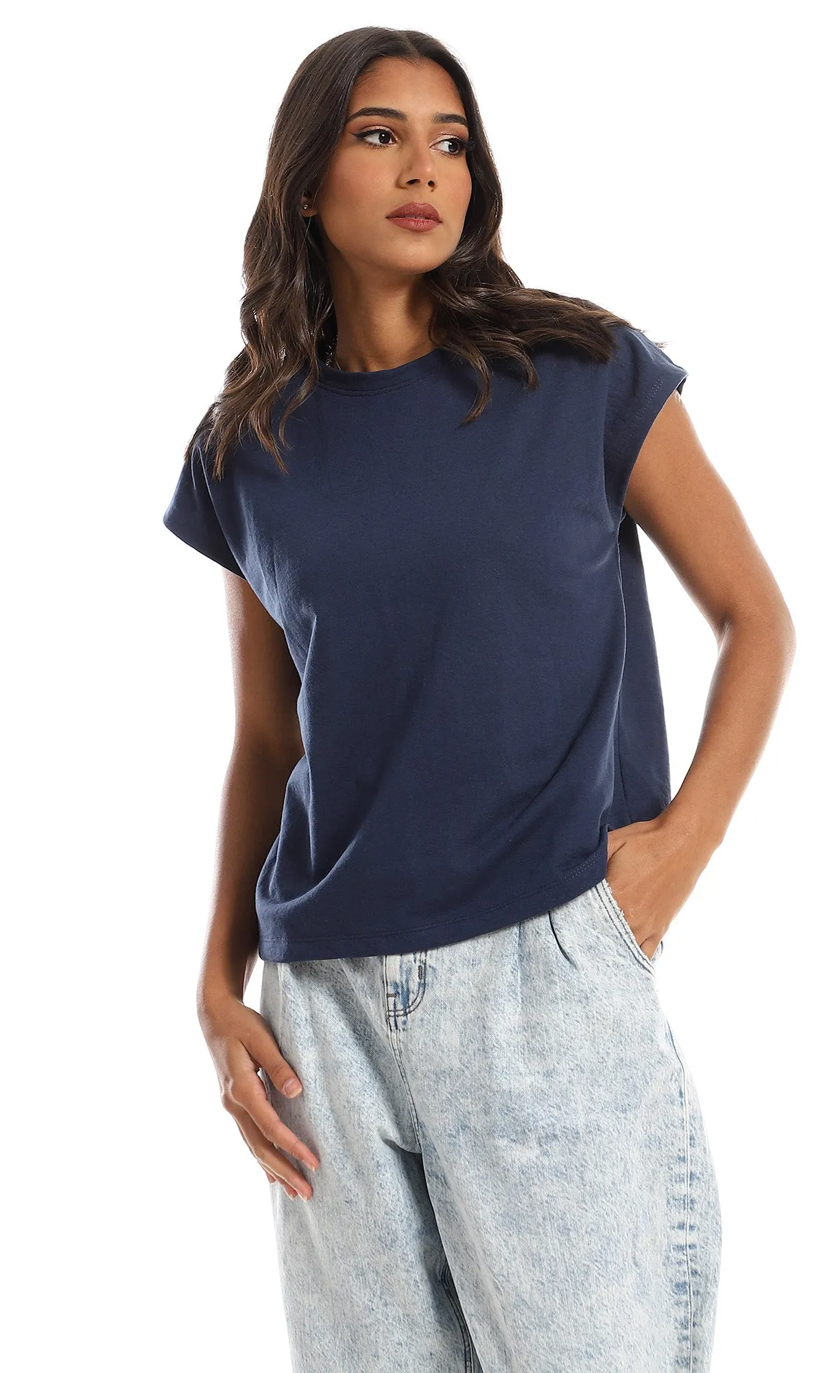 98864 Solid Cap Sleeves Loose Fit Tee - Navy Blue