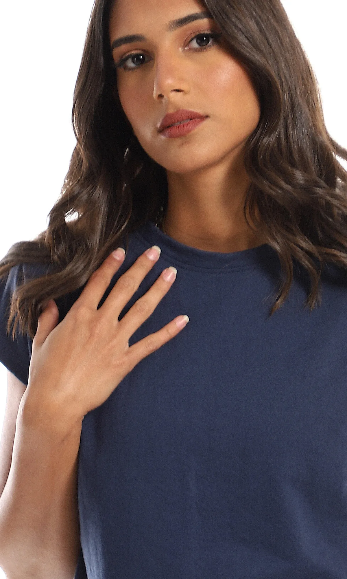 98864 Solid Cap Sleeves Loose Fit Tee - Navy Blue