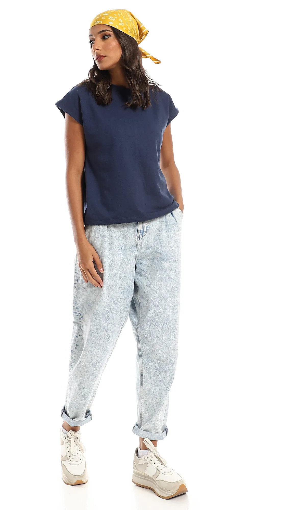 98864 Solid Cap Sleeves Loose Fit Tee - Navy Blue