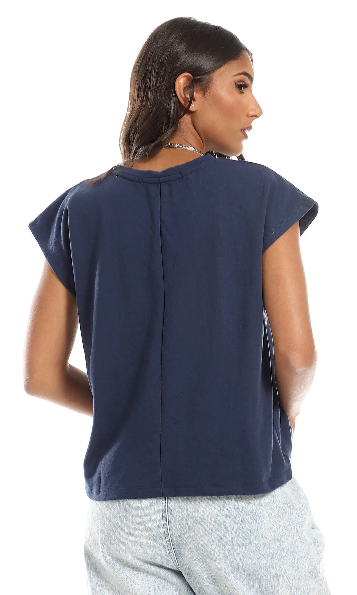 98864 Solid Cap Sleeves Loose Fit Tee - Navy Blue