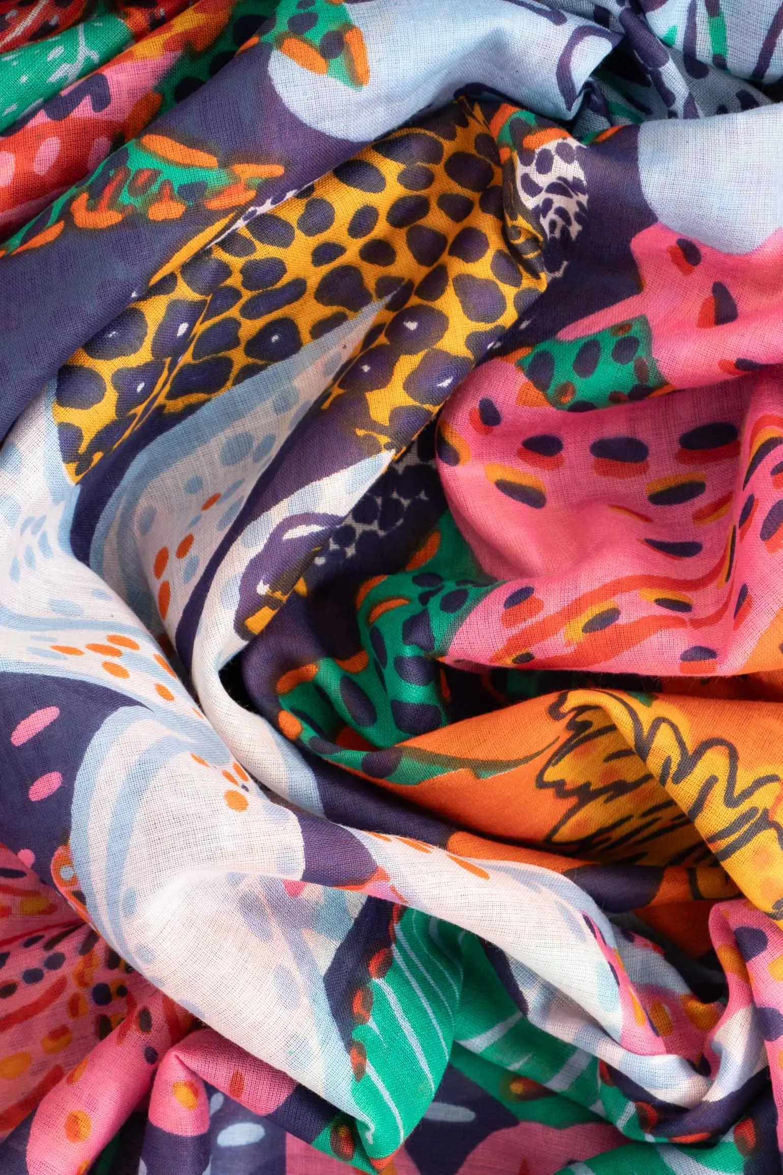 Amara Lightweight Cotton Scarf - Navy Blue, Floral Jungle Print