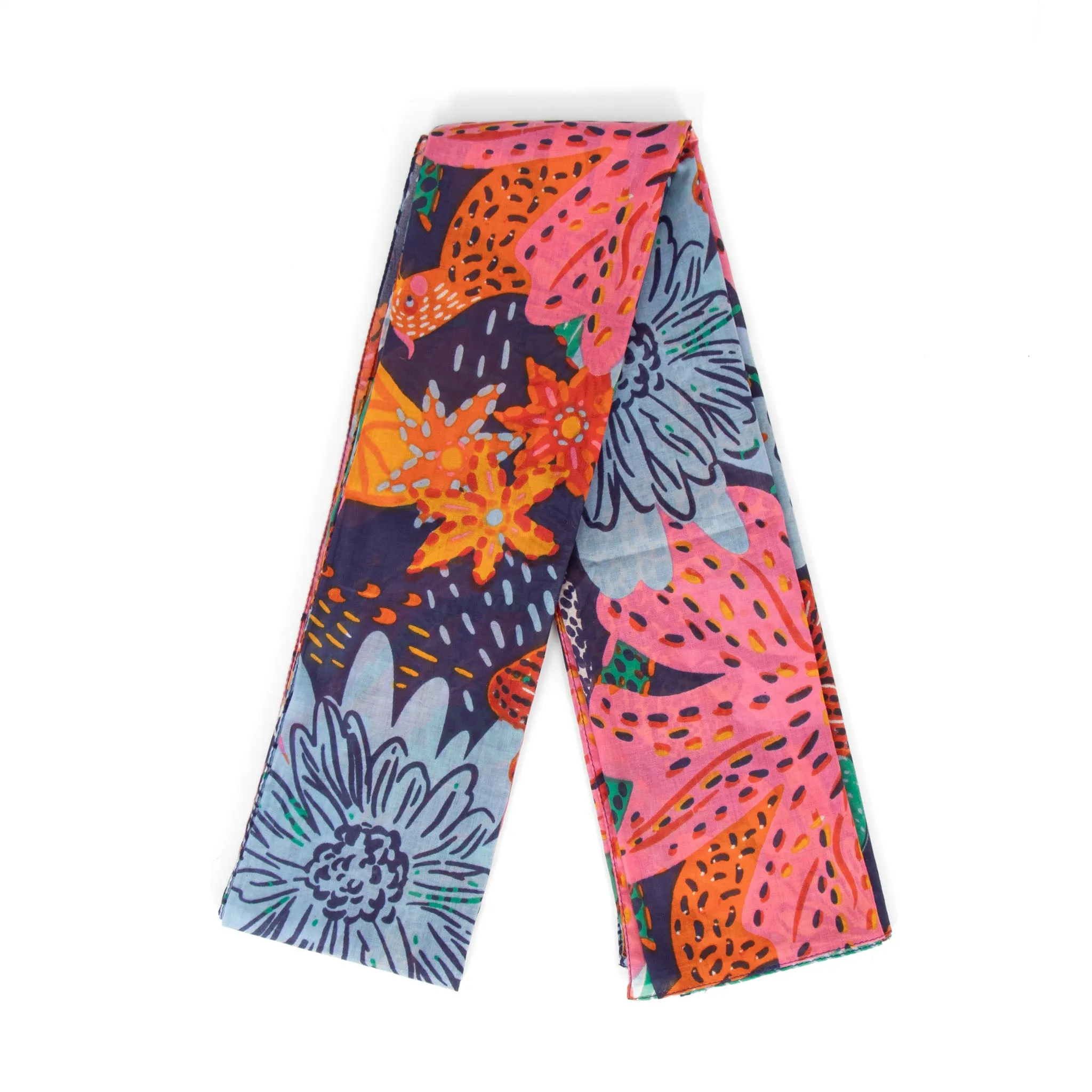 Amara Lightweight Cotton Scarf - Navy Blue, Floral Jungle Print