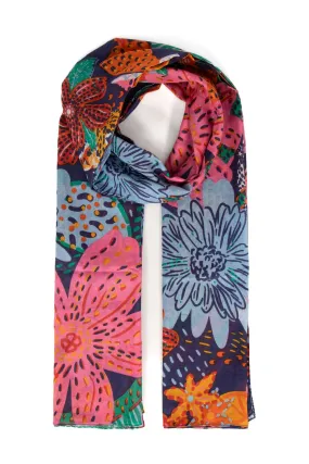 Amara Lightweight Cotton Scarf - Navy Blue, Floral Jungle Print