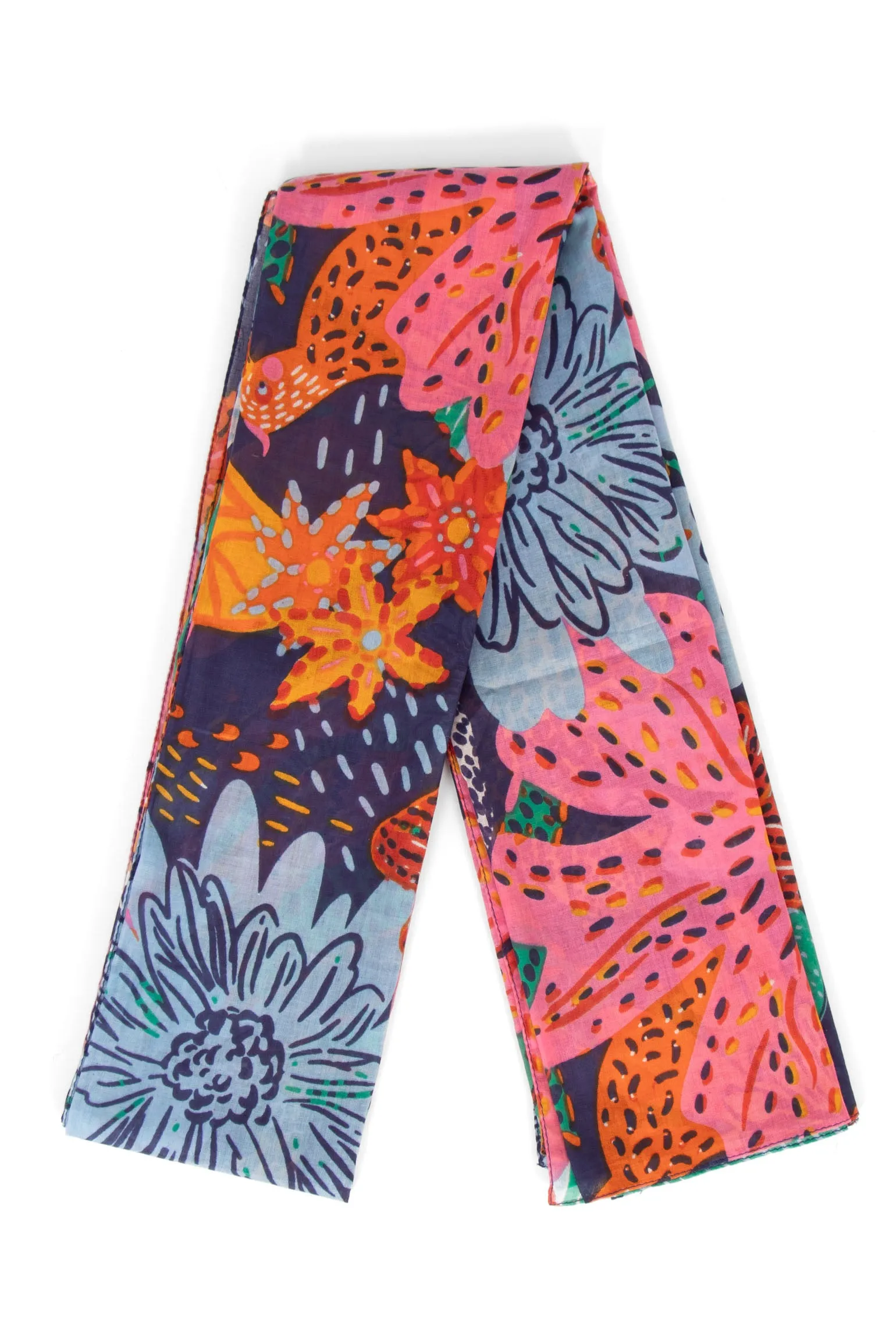 Amara Lightweight Cotton Scarf - Navy Blue, Floral Jungle Print