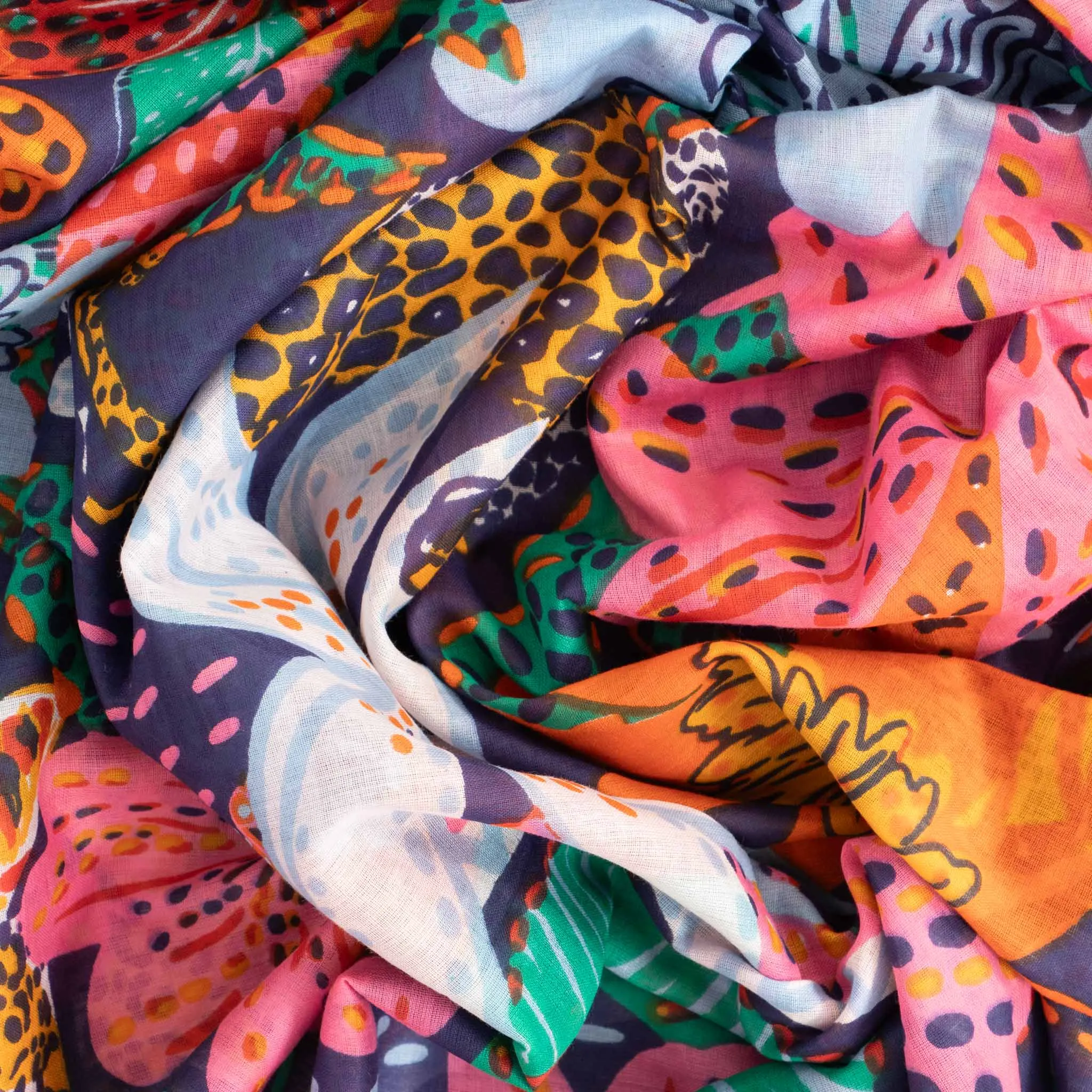 Amara Lightweight Cotton Scarf - Navy Blue, Floral Jungle Print