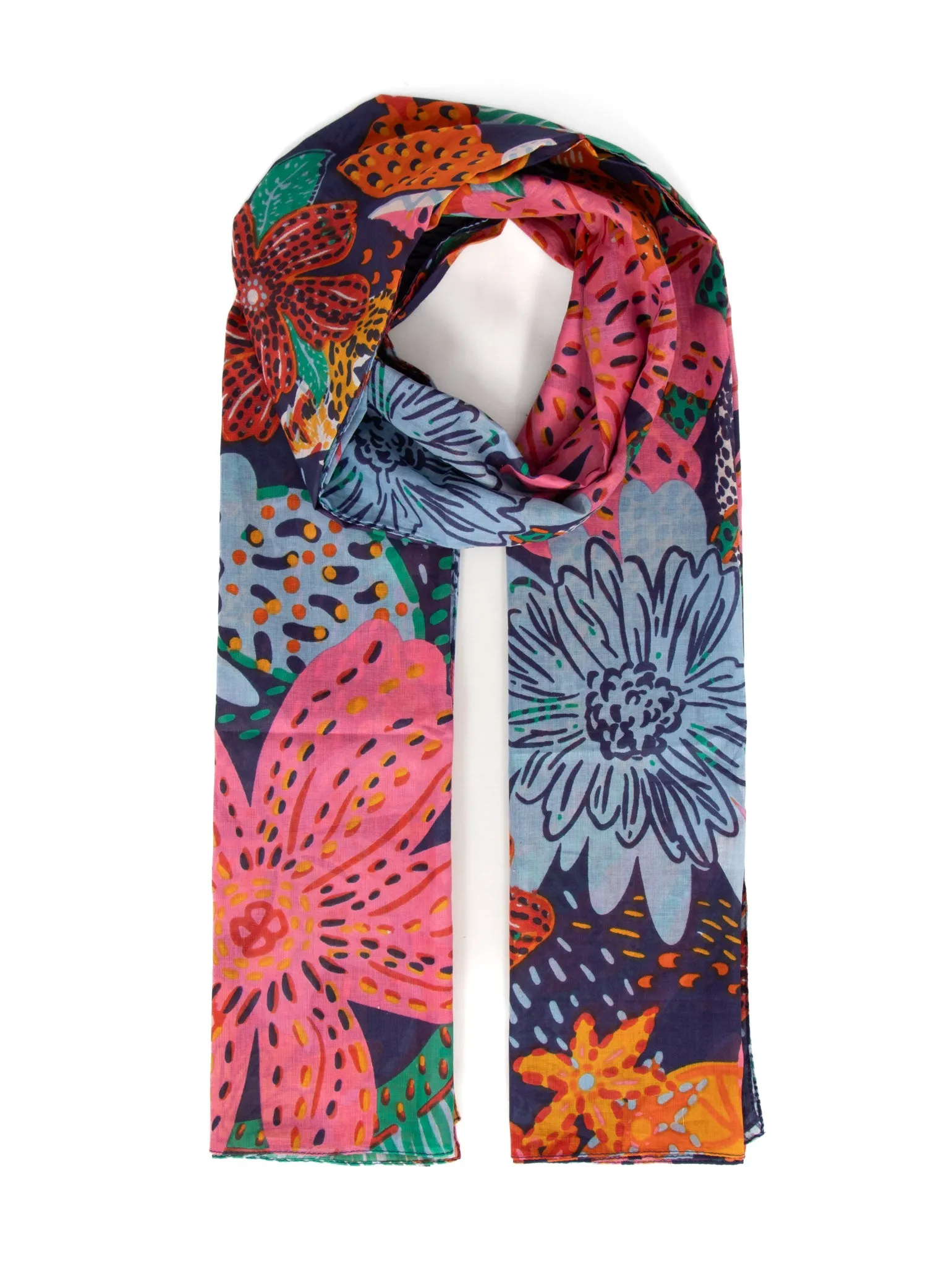 Amara Lightweight Cotton Scarf - Navy Blue, Floral Jungle Print