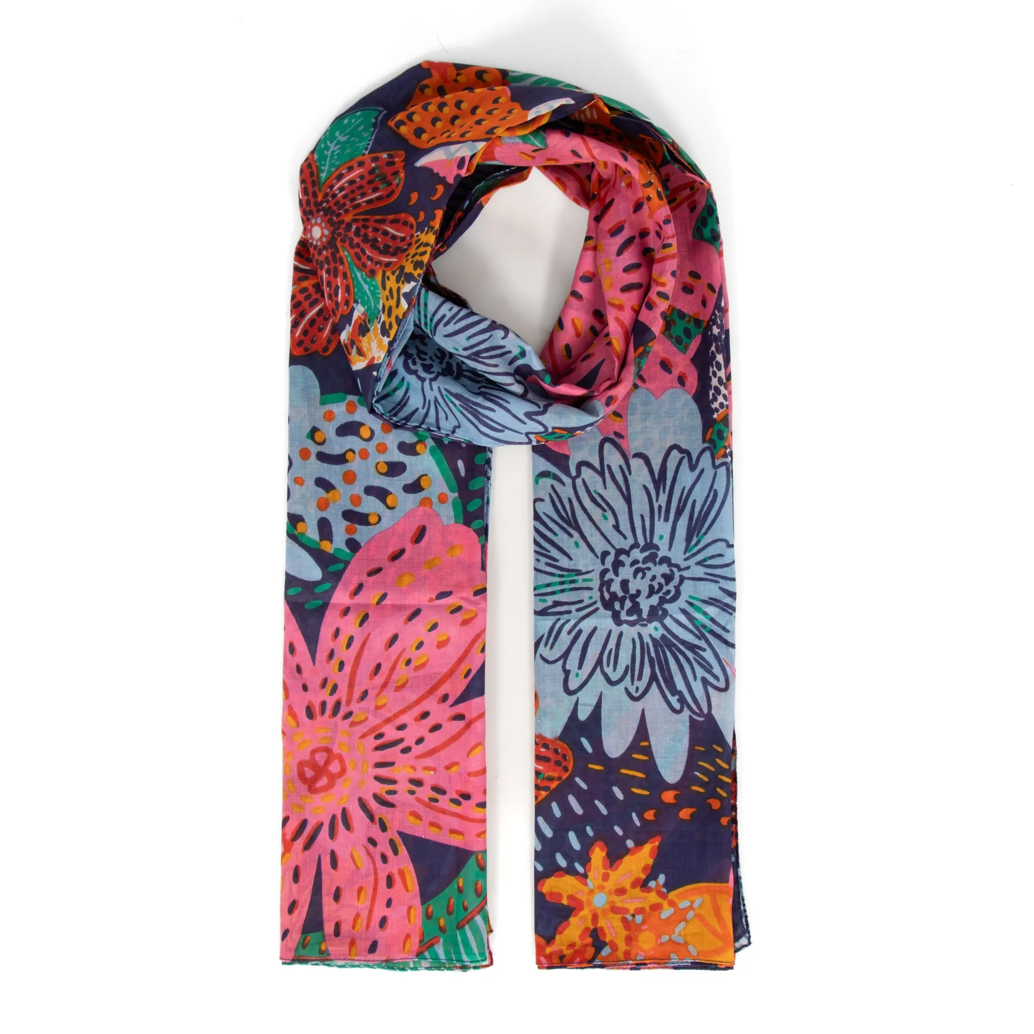 Amara Lightweight Cotton Scarf - Navy Blue, Floral Jungle Print