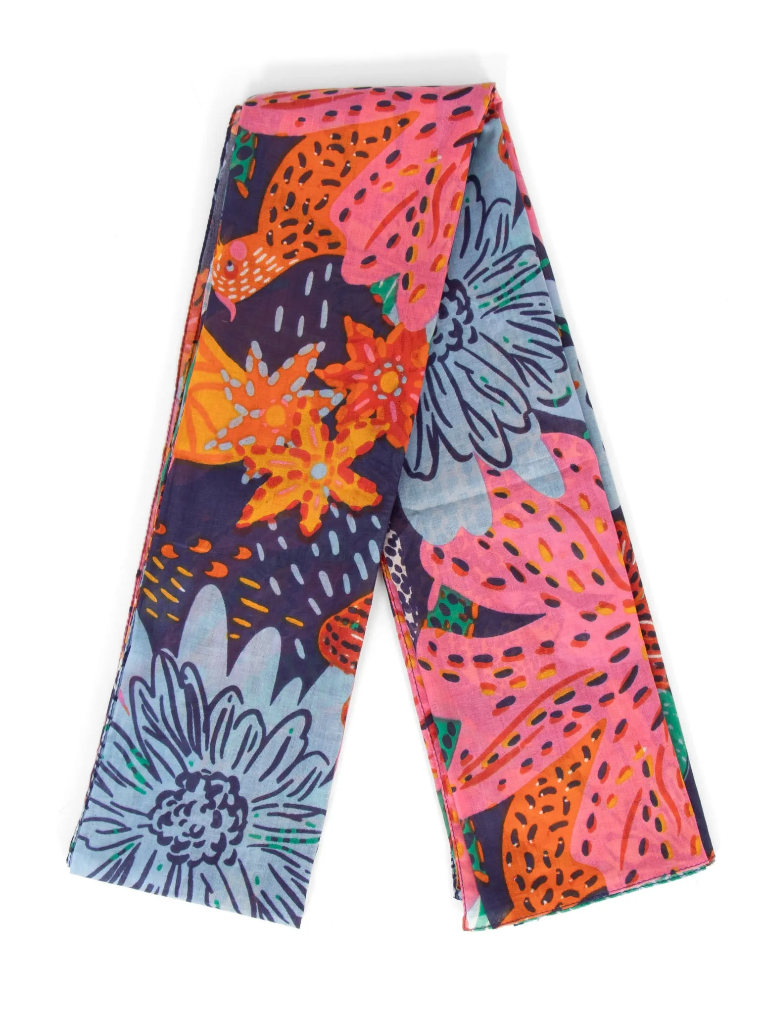 Amara Lightweight Cotton Scarf - Navy Blue, Floral Jungle Print