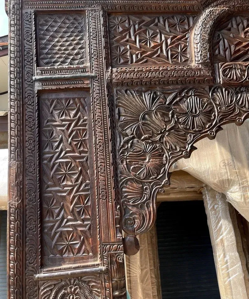 Antique Handmade Carved Indian Jharokha Solid Hard Wood Large Arch Dark Brown