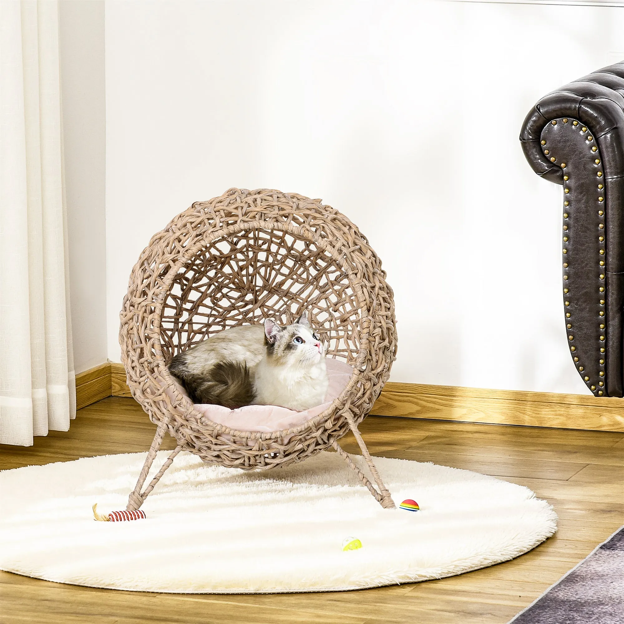 Ball-Shaped Rattan Elevated Cat, 58H x 52Dcm - Basket Natural Wood