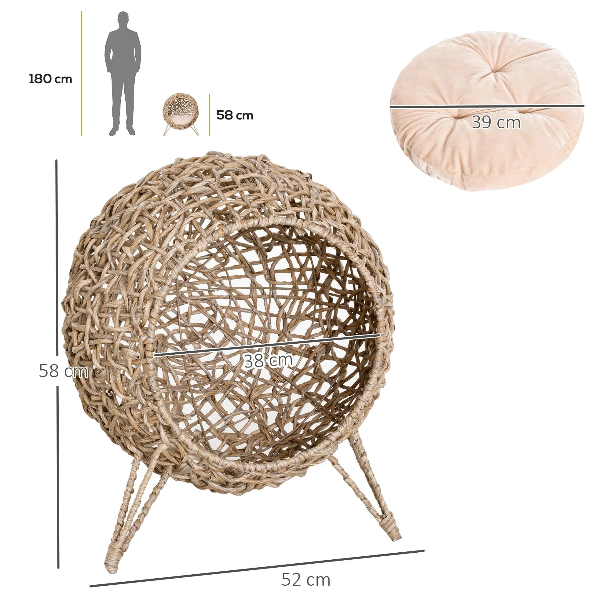 Ball-Shaped Rattan Elevated Cat, 58H x 52Dcm - Basket Natural Wood