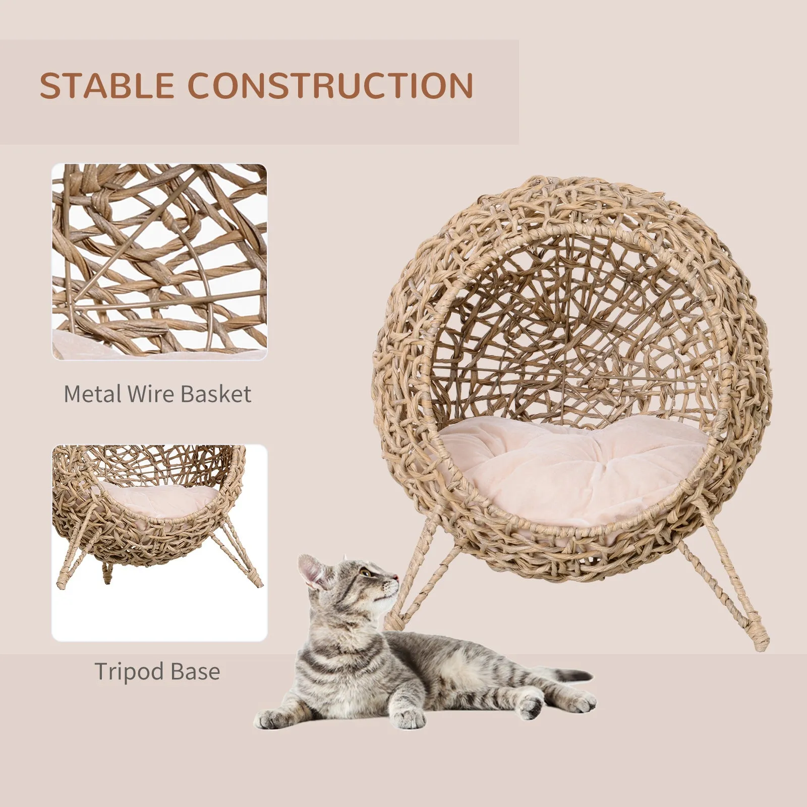 Ball-Shaped Rattan Elevated Cat, 58H x 52Dcm - Basket Natural Wood