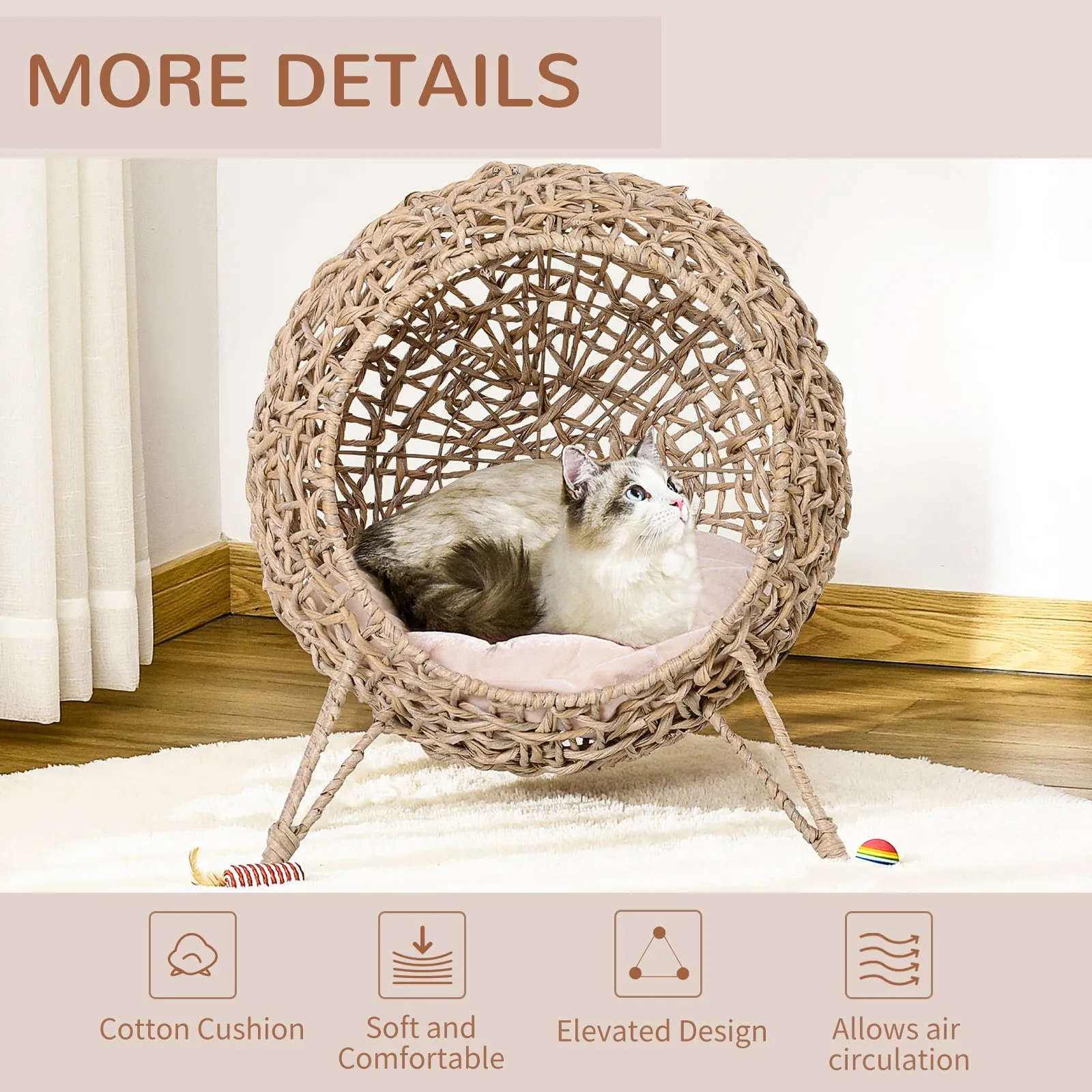 Ball-Shaped Rattan Elevated Cat, 58H x 52Dcm - Basket Natural Wood