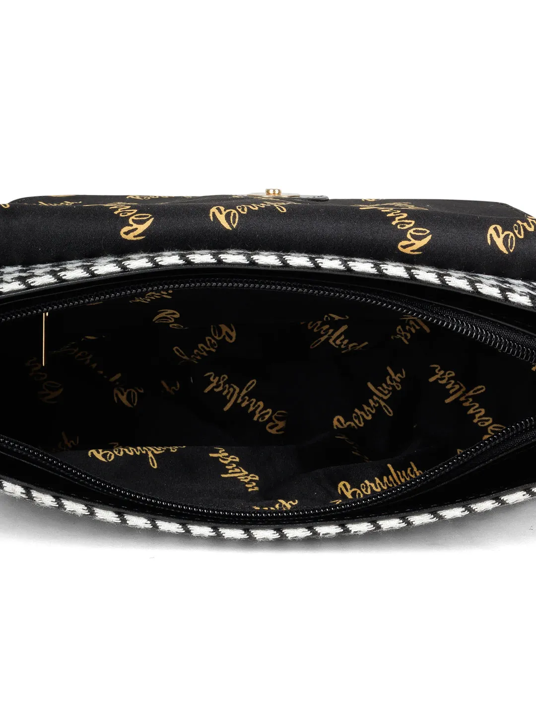 Berrylush Women Black & White Houndstooth Printed Polyester Zipper-Up Embellished Sling Bag