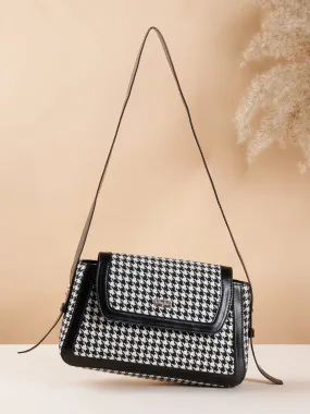 Berrylush Women Black & White Houndstooth Printed Polyester Zipper-Up Embellished Sling Bag