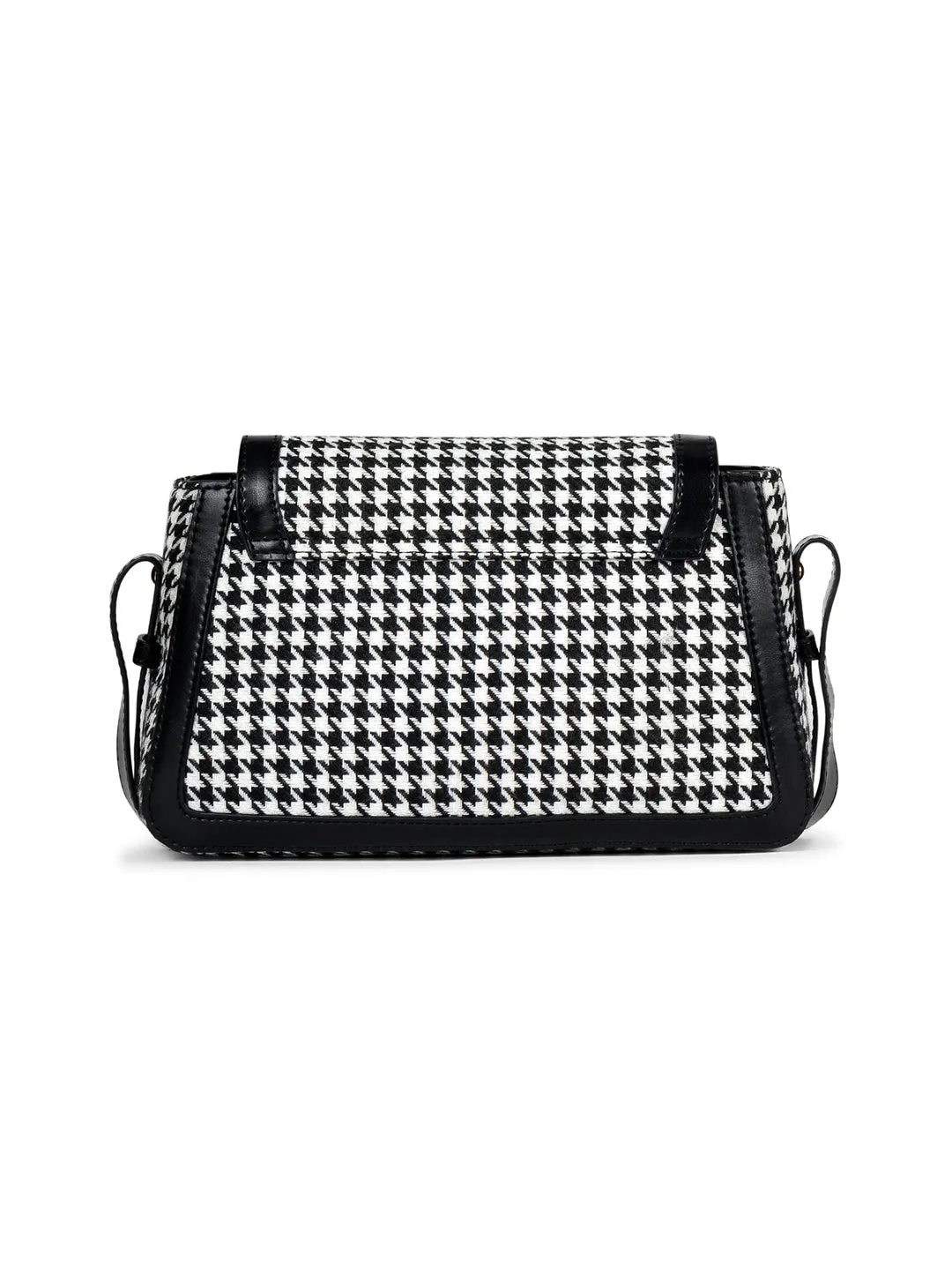Berrylush Women Black & White Houndstooth Printed Polyester Zipper-Up Embellished Sling Bag