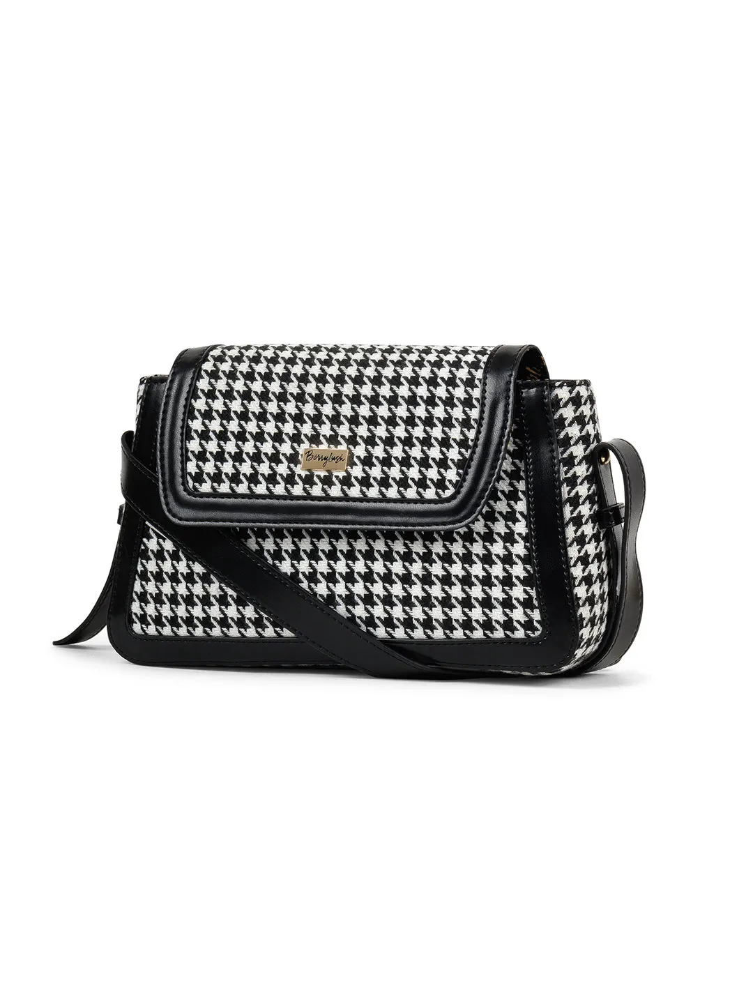 Berrylush Women Black & White Houndstooth Printed Polyester Zipper-Up Embellished Sling Bag