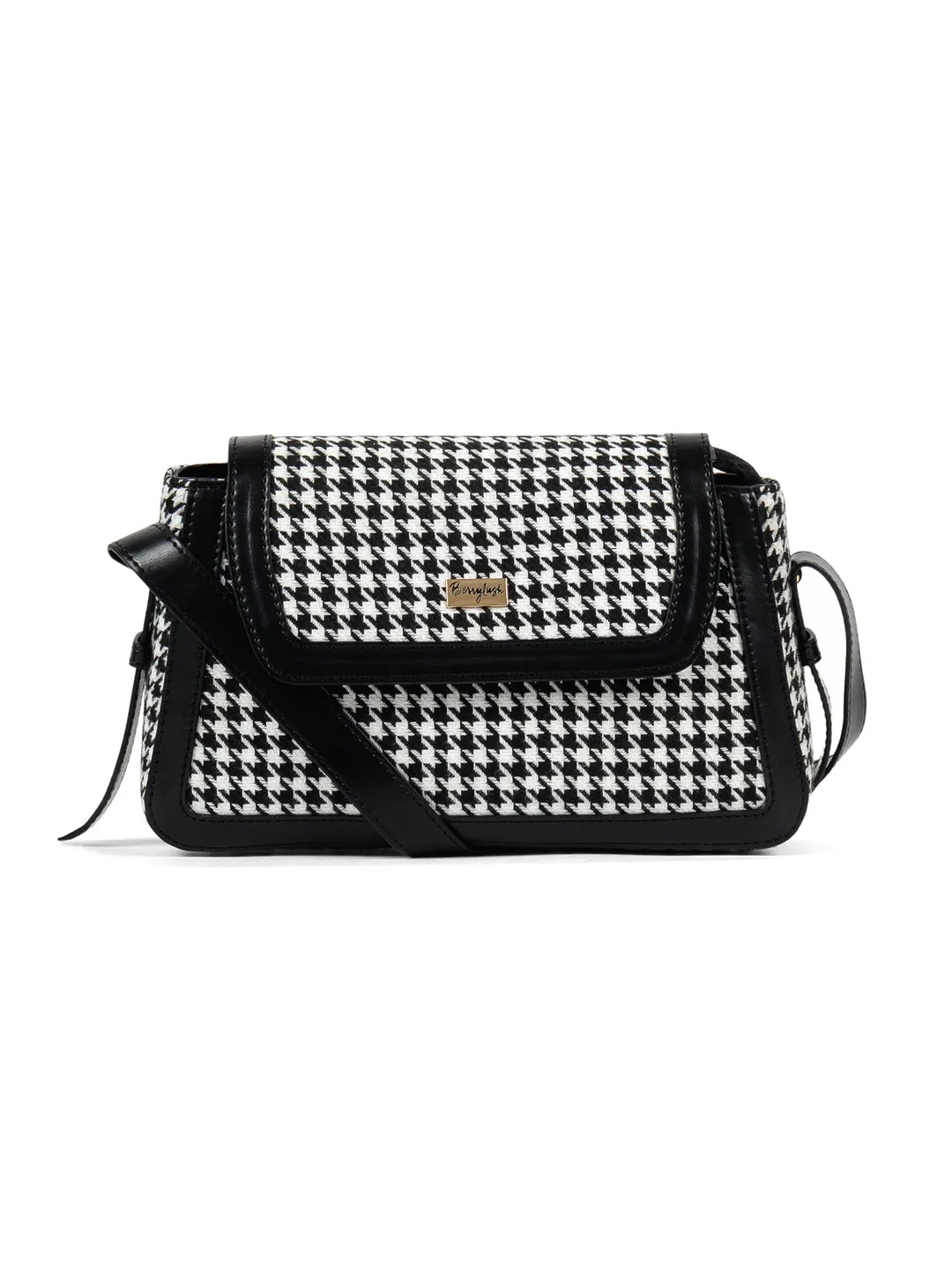 Berrylush Women Black & White Houndstooth Printed Polyester Zipper-Up Embellished Sling Bag