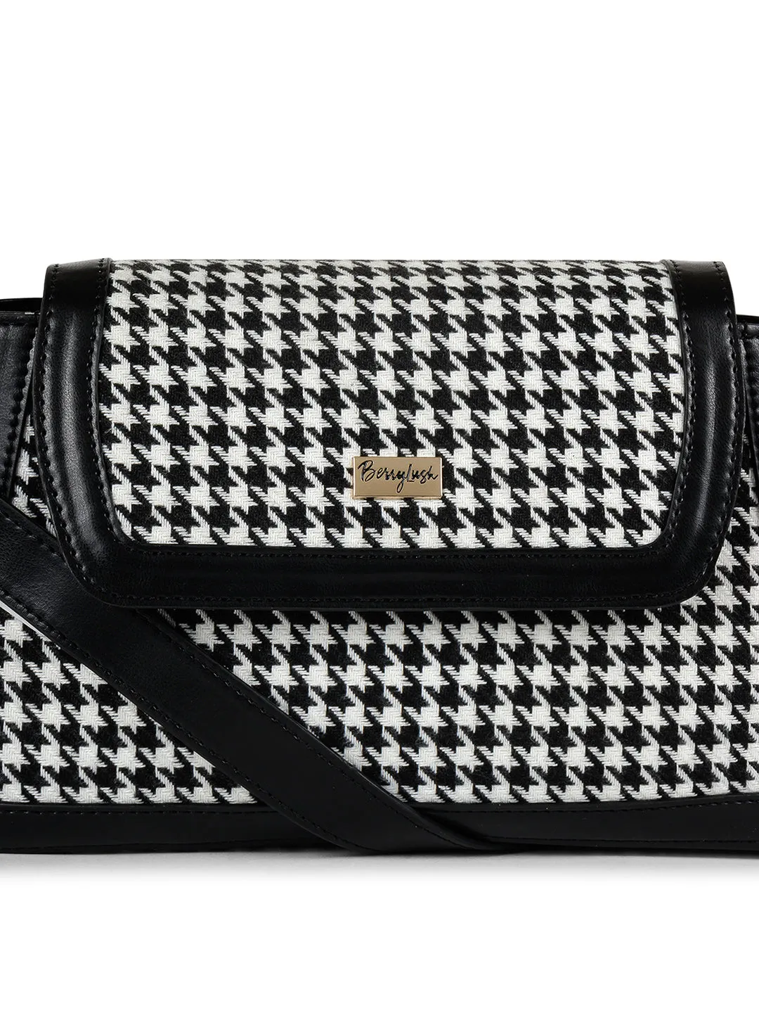 Berrylush Women Black & White Houndstooth Printed Polyester Zipper-Up Embellished Sling Bag