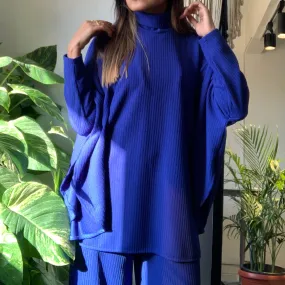 Blue Oversized knitted high neck sweater