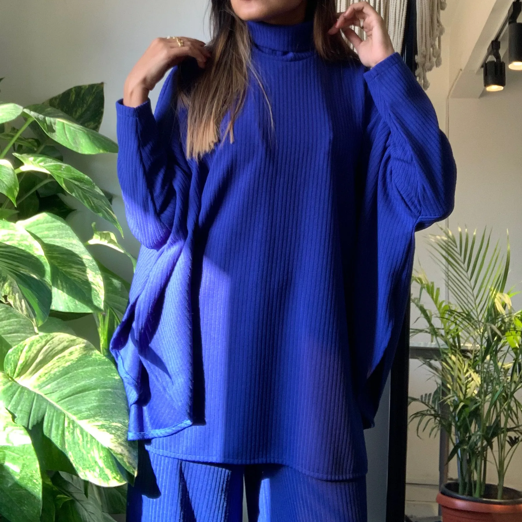 Blue Oversized knitted high neck sweater