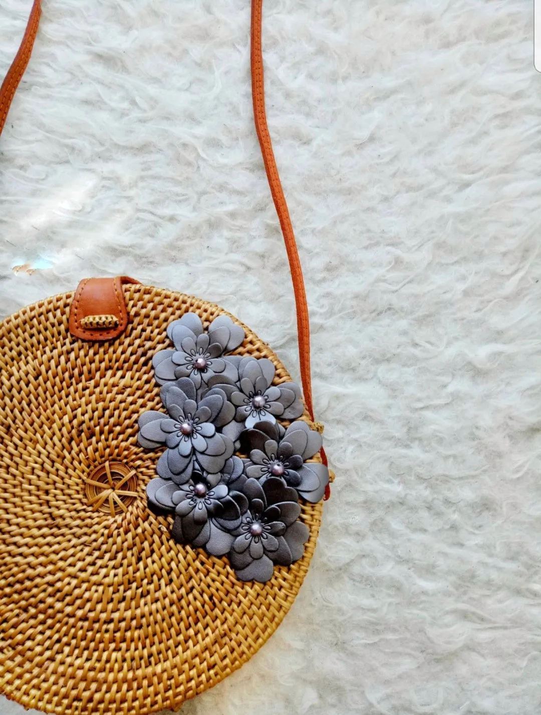 Circle Rattan Bags With Handmade Leather flowers