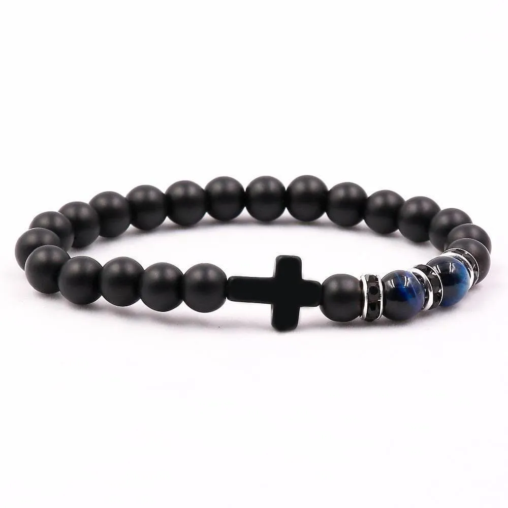 Cross Bead Bracelet <br> Matte Black Stone