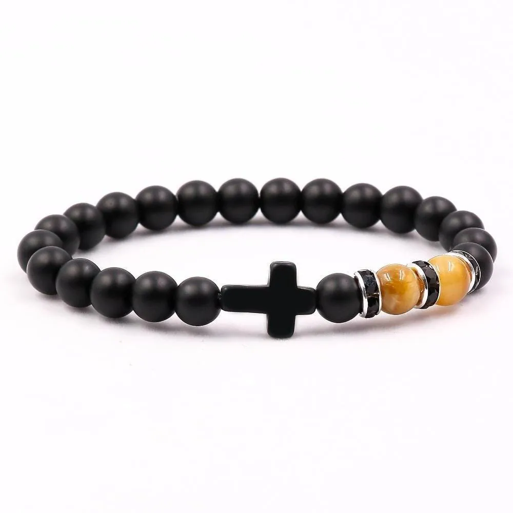 Cross Bead Bracelet <br> Matte Black Stone