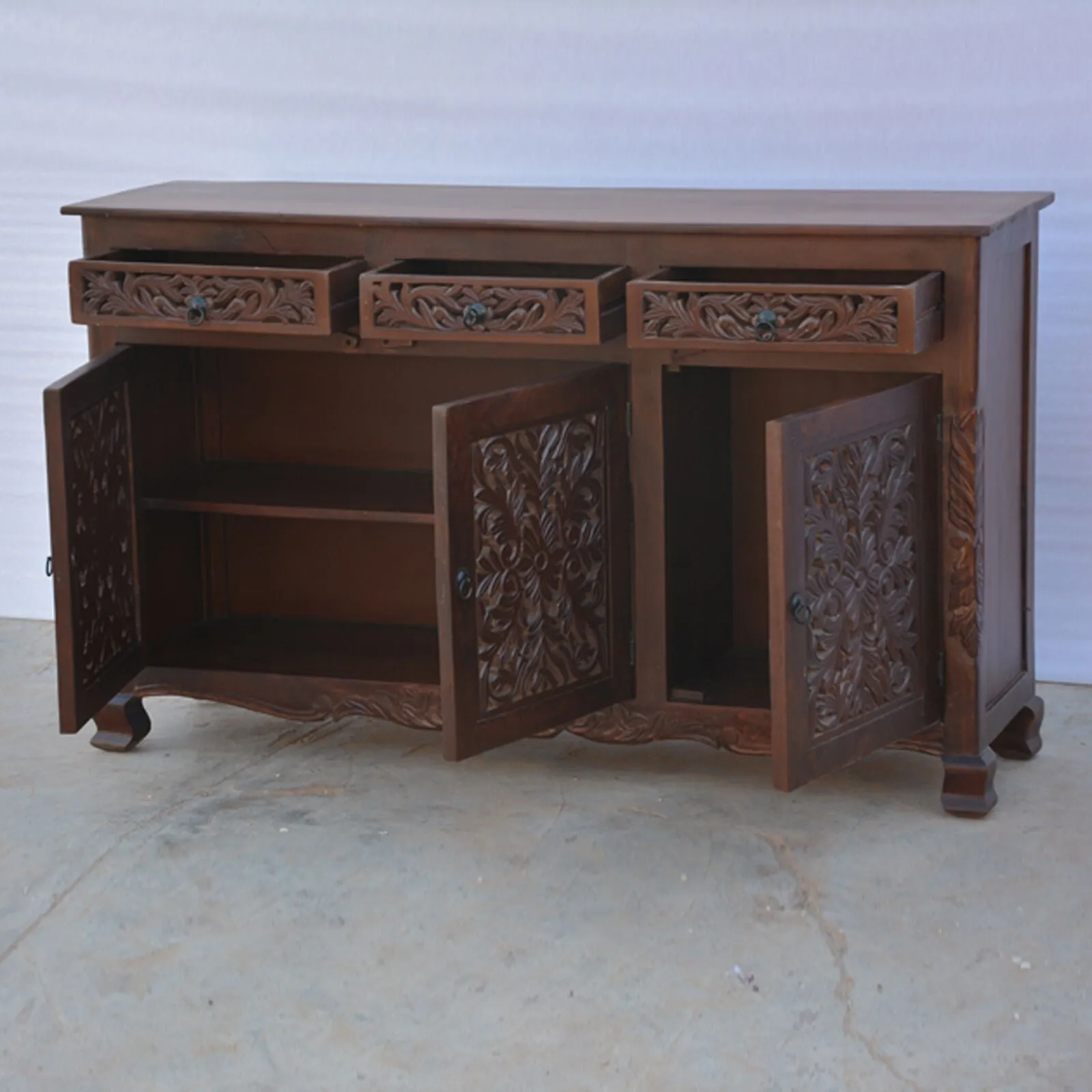 Dynasty Carved jali door solid wood sideboard Brown