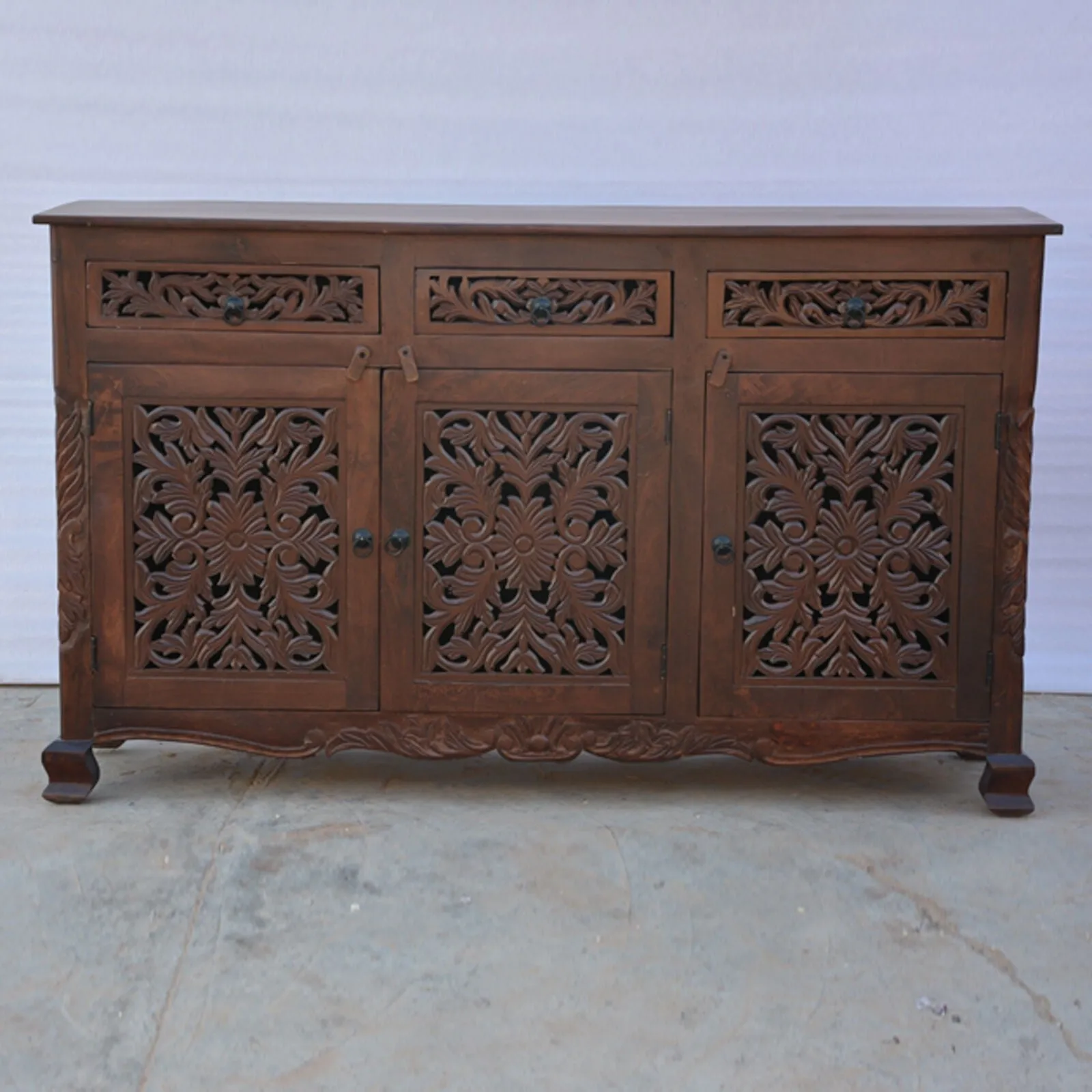 Dynasty Carved jali door solid wood sideboard Brown