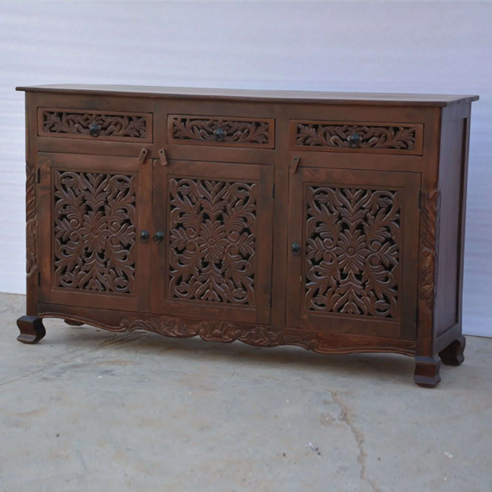 Dynasty Carved jali door solid wood sideboard Brown