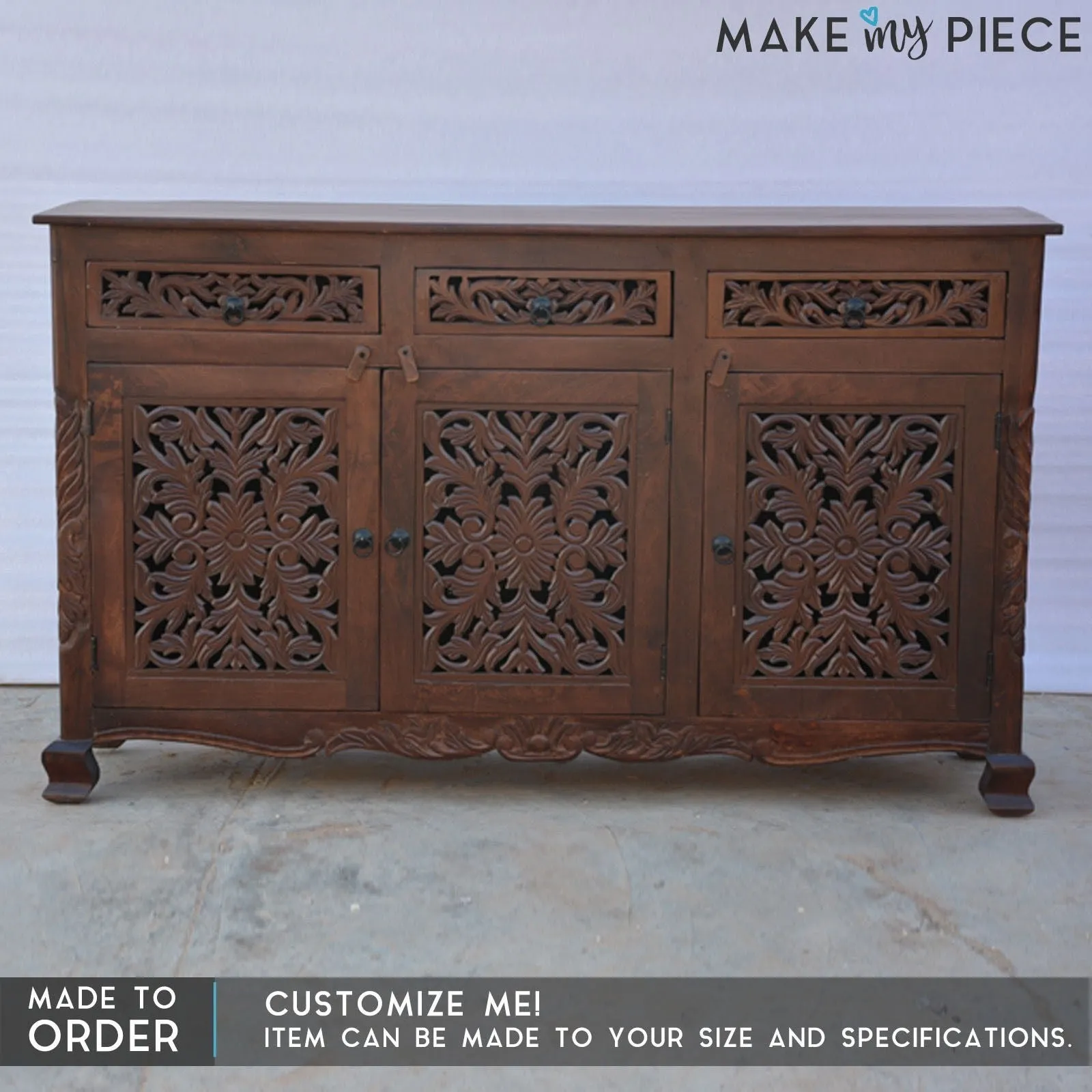 Dynasty Carved jali door solid wood sideboard Brown