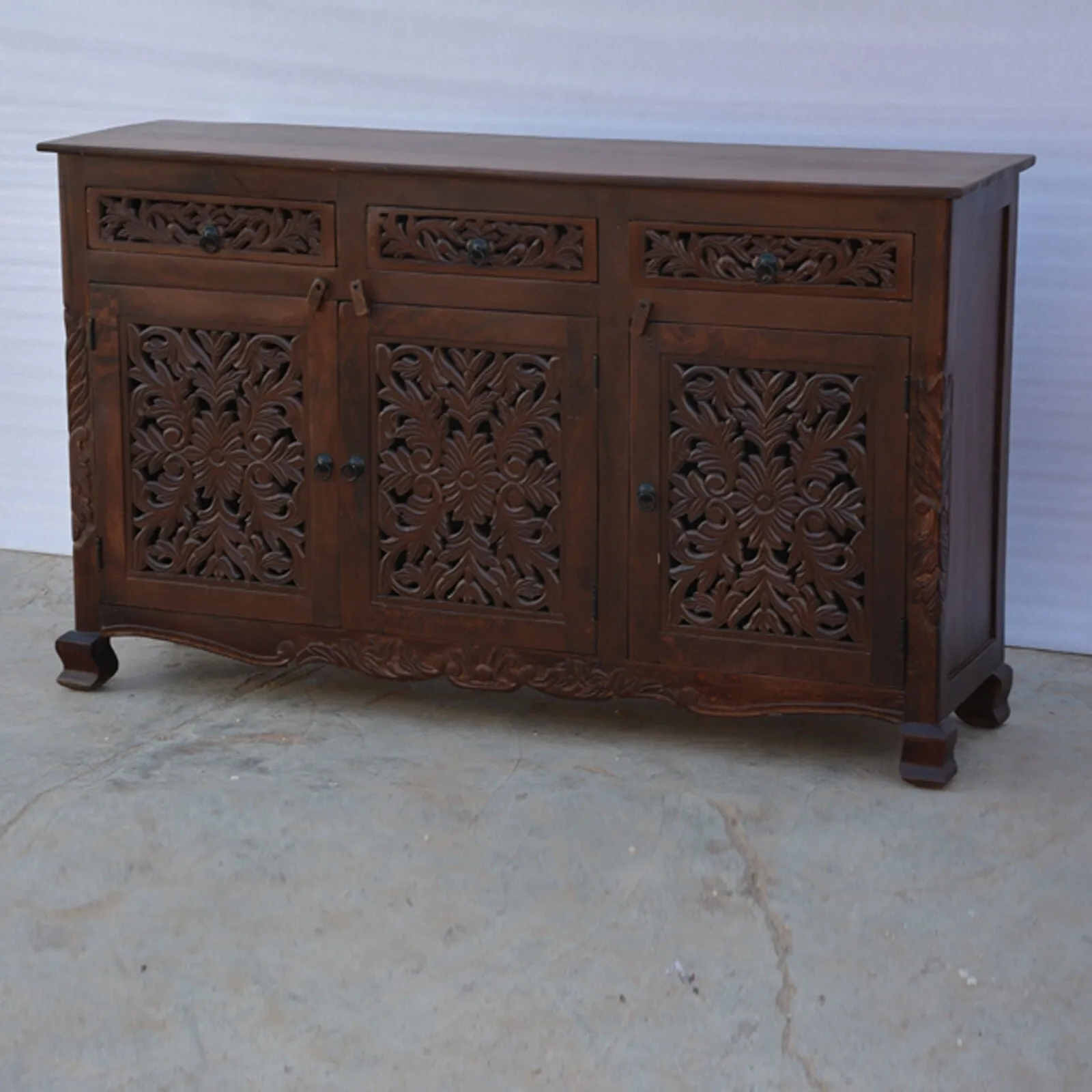 Dynasty Carved jali door solid wood sideboard Brown