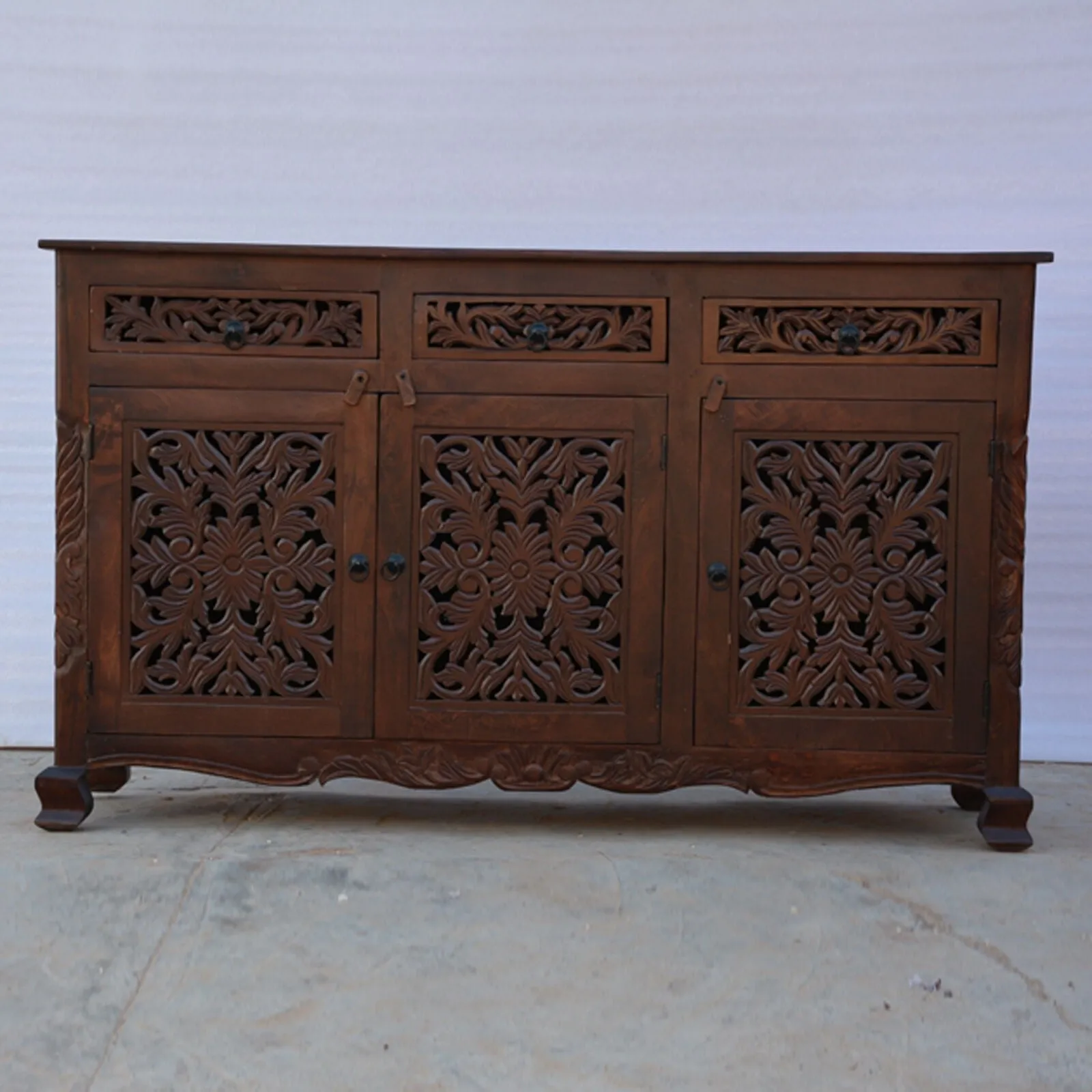 Dynasty Carved jali door solid wood sideboard Brown