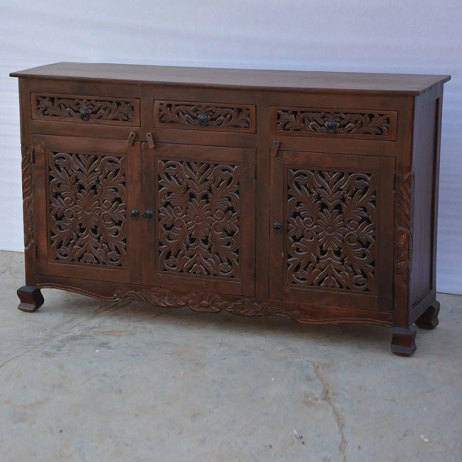 Dynasty Carved jali door solid wood sideboard Brown