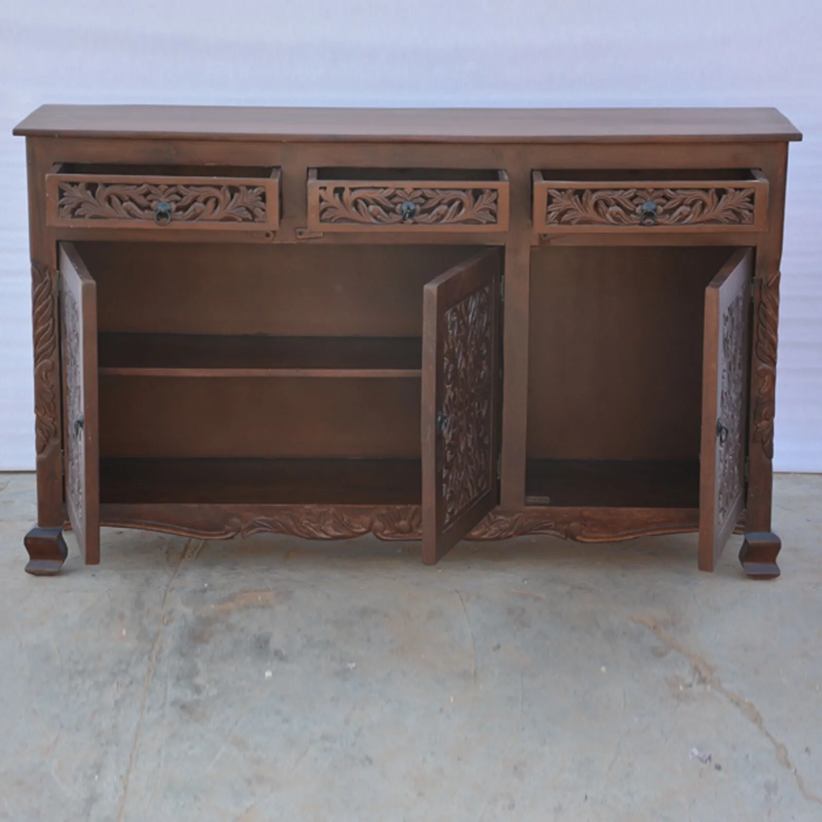 Dynasty Carved jali door solid wood sideboard Brown