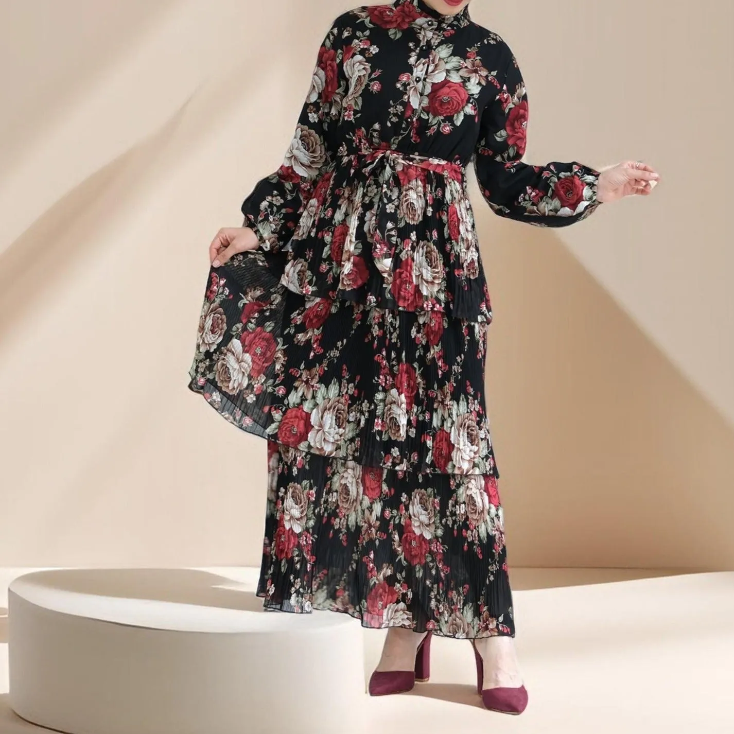 Ethereal Bloom 3-Layer Ciffon Maxi Dress